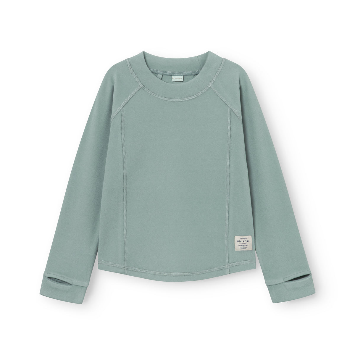 MATLENIE let fleece langærmet T-shirt til børn i støvet grøn med raglanærmer og synlige sømme, fotograferet liggende på hvid baggrund.