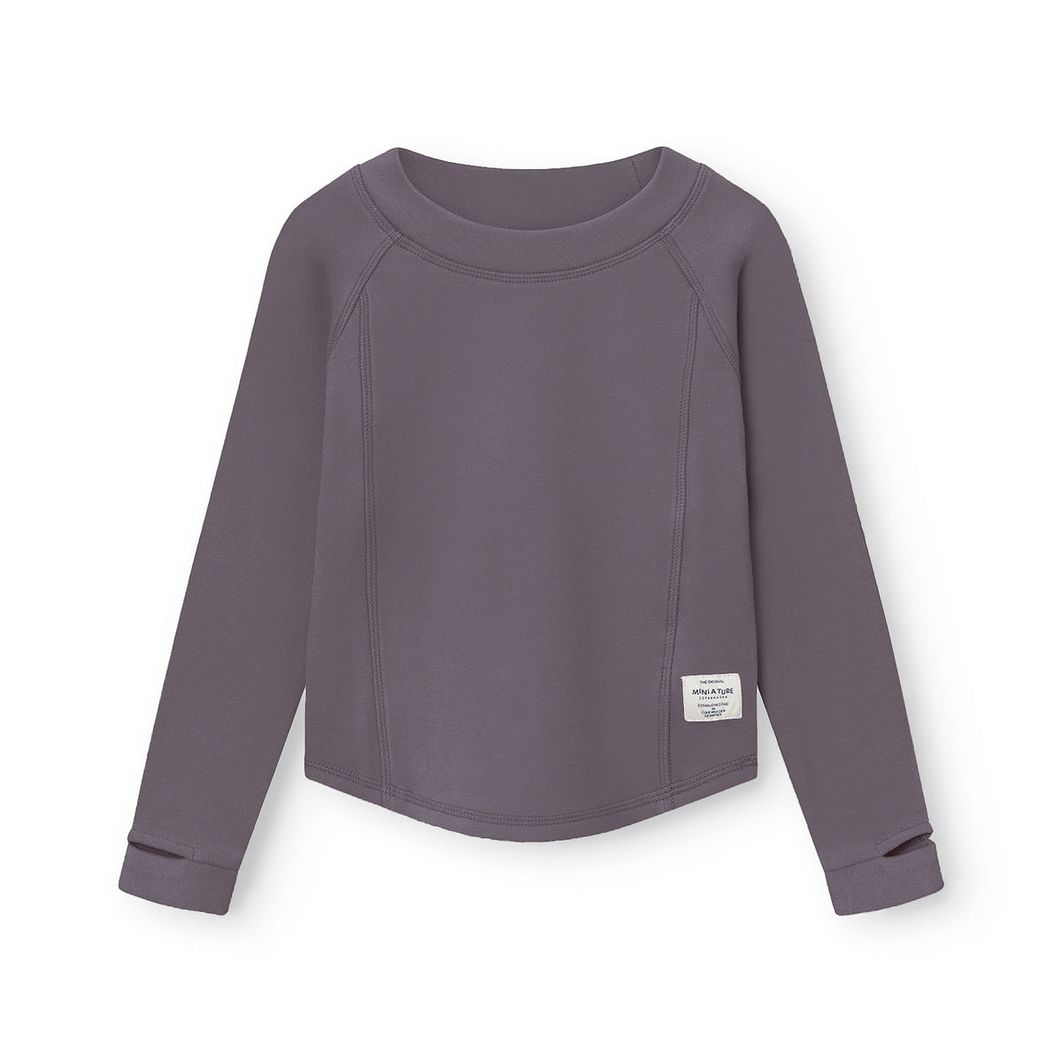 MATLENIE let fleece langærmet T-shirt til børn i dæmpet lilla-grå med rund hals, raglanærmer og synlige sømdetaljer foran, fotograferet på hvid baggrund.