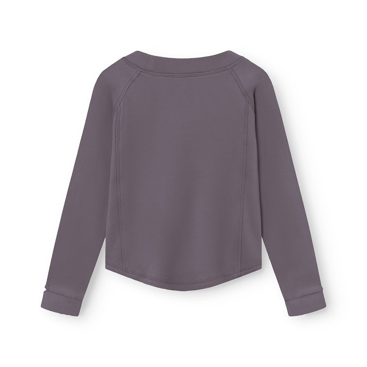 Bagsiden af MATLENIE let fleece LS T-shirt til børn i dæmpet gråviolet med tydelige raglanærmer, ribbet halsudskæring og let afrundet nederdel. Fotograferet på hvid baggrund.