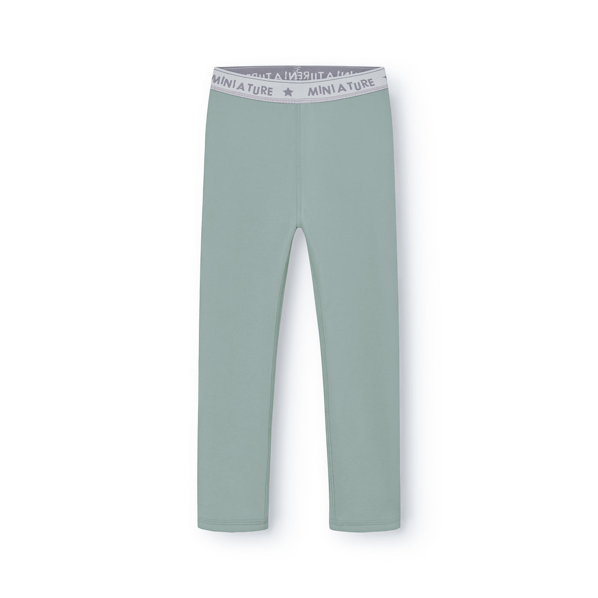 MATLEEMA let fleece-tights til børn i støvet mintgrøn med grå elastisk linning med MINI A TURE-logo, fotograferet forfra på hvid baggrund.