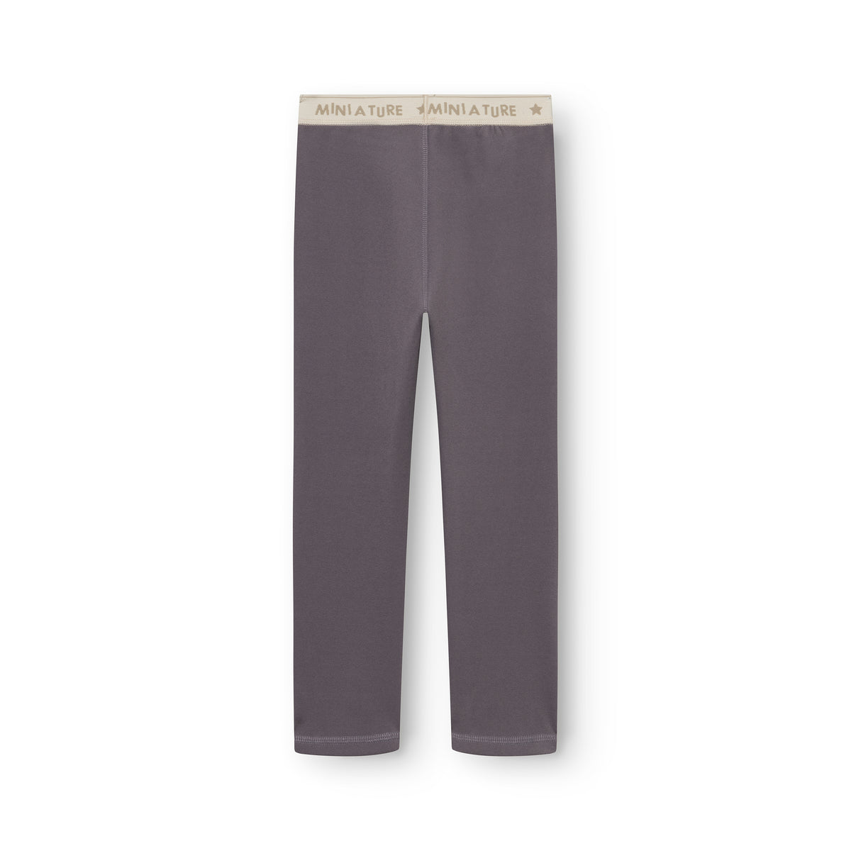 MATLEEMA let fleecetights til børn i dæmpet gråviolet, fotograferet forfra på hvid baggrund med lys beige elastisk linning med MINI A TURE-logo og stjerner.