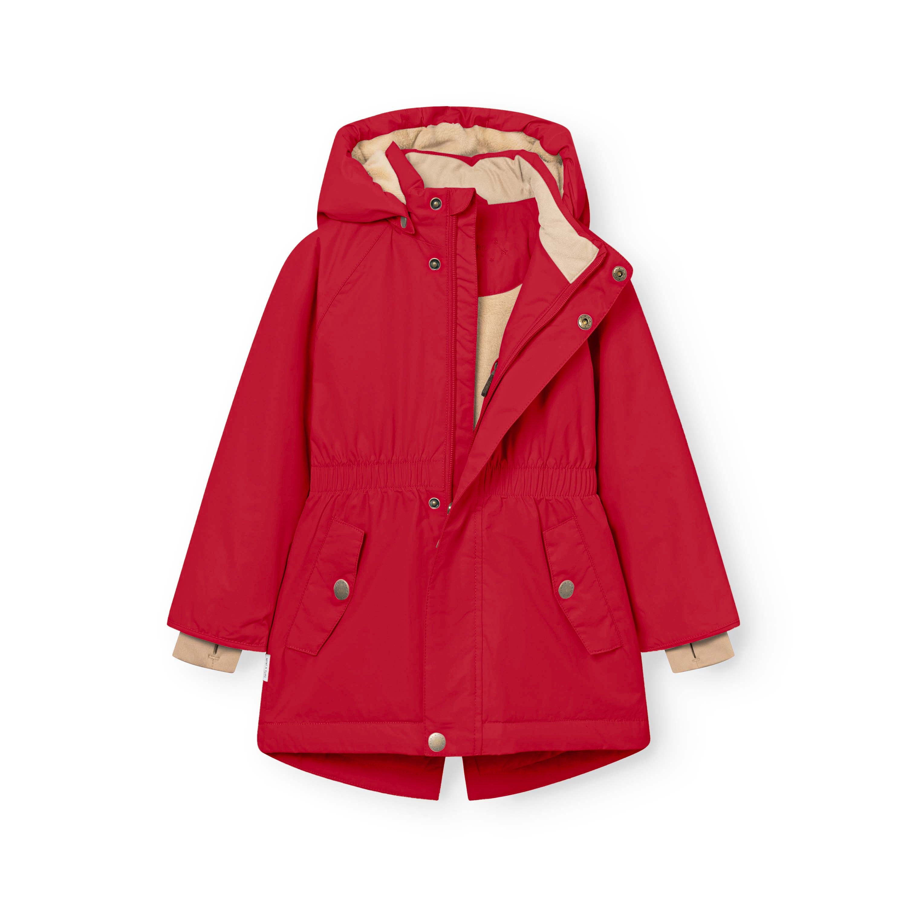 MATVIKANIA fleeceforet vinterjakke i klar rød, fotograferet forfra på hvid baggrund med åben lynlås og hætten foldet tilbage, så det bløde beige Sorona Aura-foder tydeligt ses. Den markerede elastik i taljen, frontlommerne med trykknapdetaljer og de beige snekanter på ærmerne er alle synlige på den lange model.
