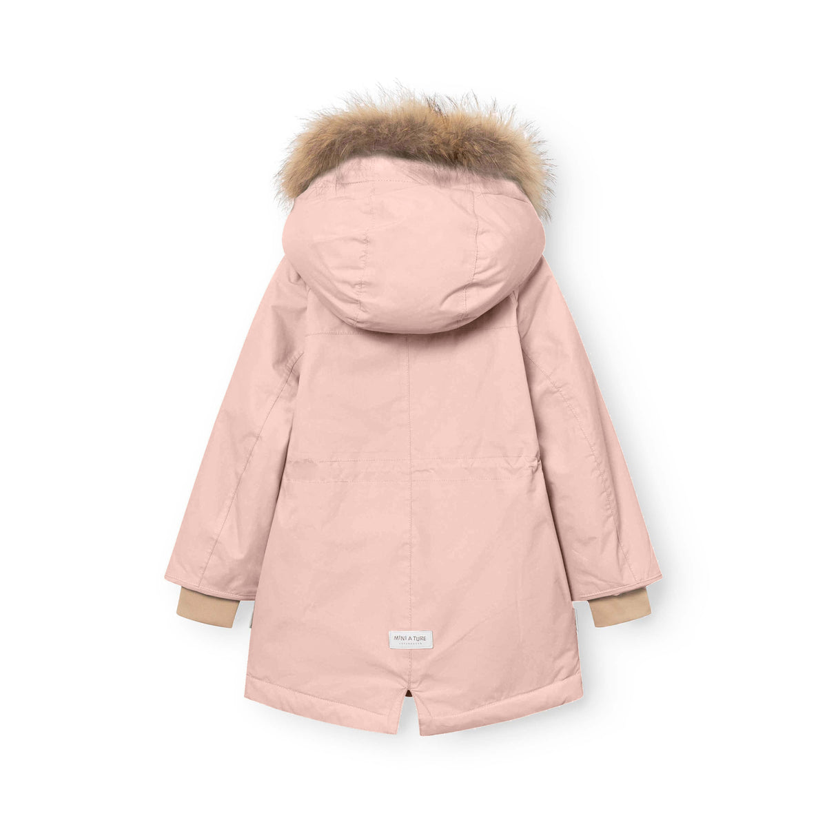MATVIKANIA fleeceforet vinterjakke med pels set bagfra i støvet rosa. Jakken har pelskant på hætten i en naturlig beige tone og ribbede sne-manchetter ved ærmerne. MINI A TURE-mærket er synligt nederst på ryggen.