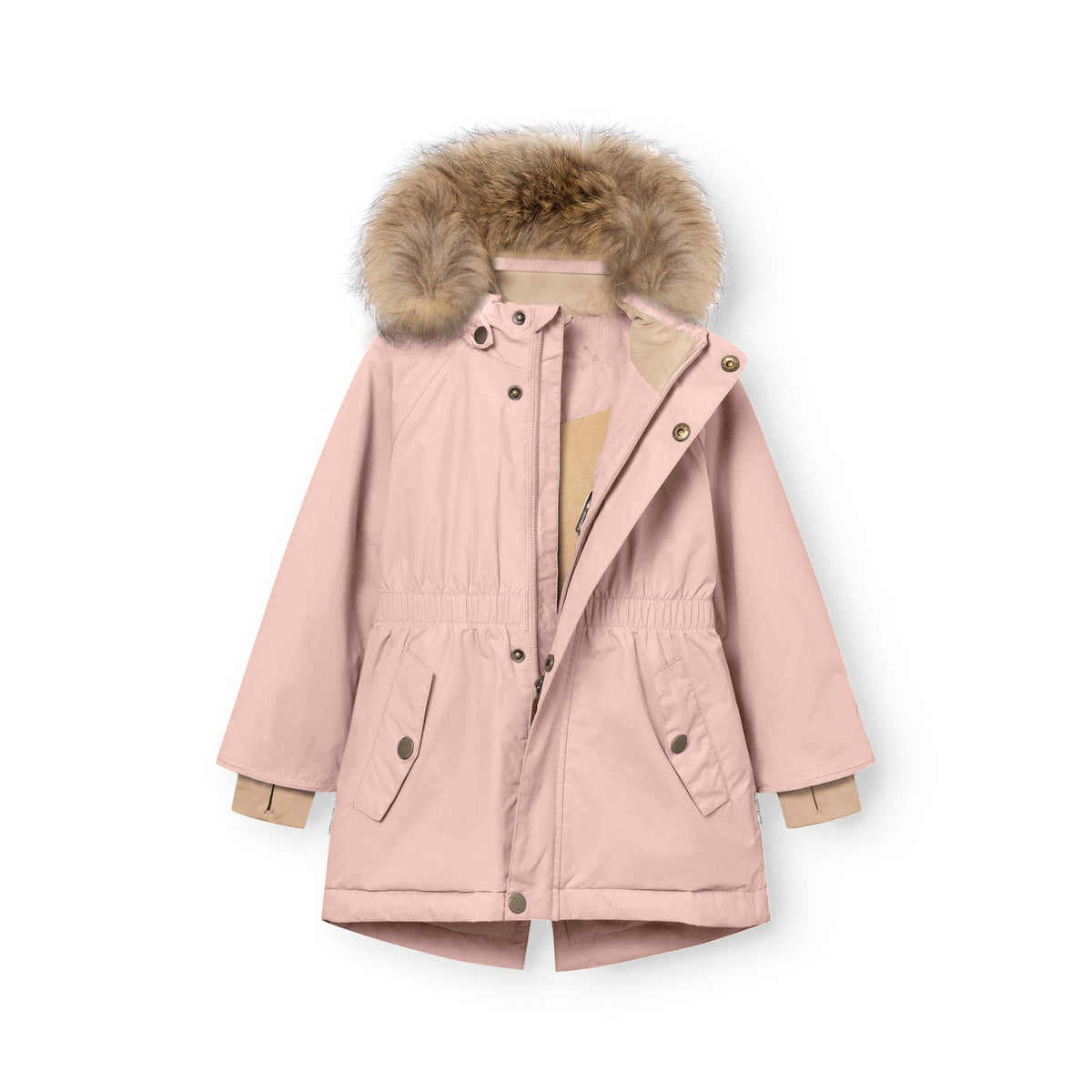 MATVIKANIA fleeceforet vinterjakke i rosa set forfra med åben lynlås, så det beige fleecefór ses indvendigt. Den elastiske talje, de to frontlommer med trykknapper og den naturlige pelskant på hætten er tydeligt synlige.