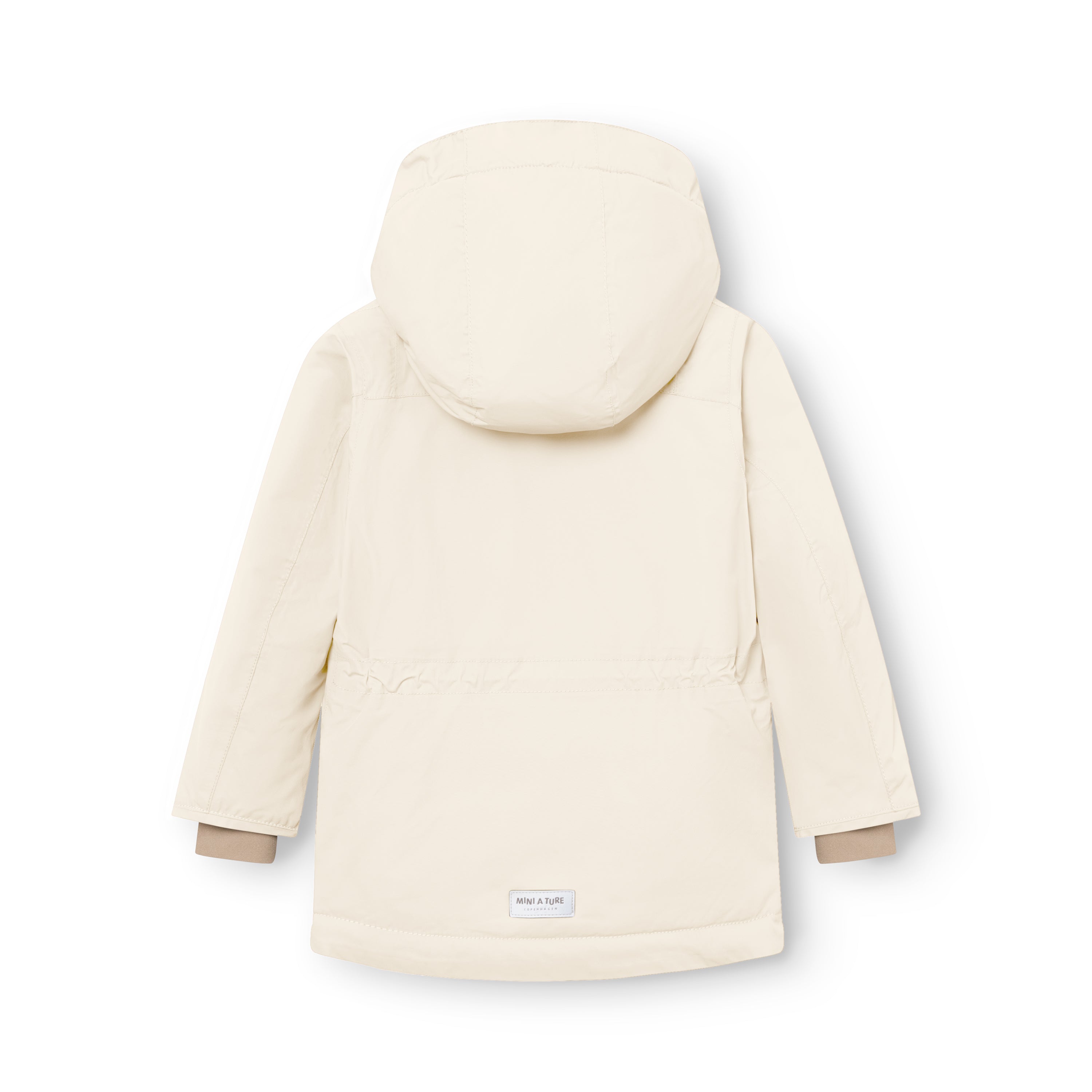 MATKASTORIO fleeceforet vinterjakke i cremehvid, fotograferet bagfra som produktbillede. Den store, aftagelige hætte, den justerbare talje med elastiksnor og de beige snemanchetter ved håndleddene er tydeligt synlige. MINI A TURE-mærket ses centreret nederst på ryggen.
