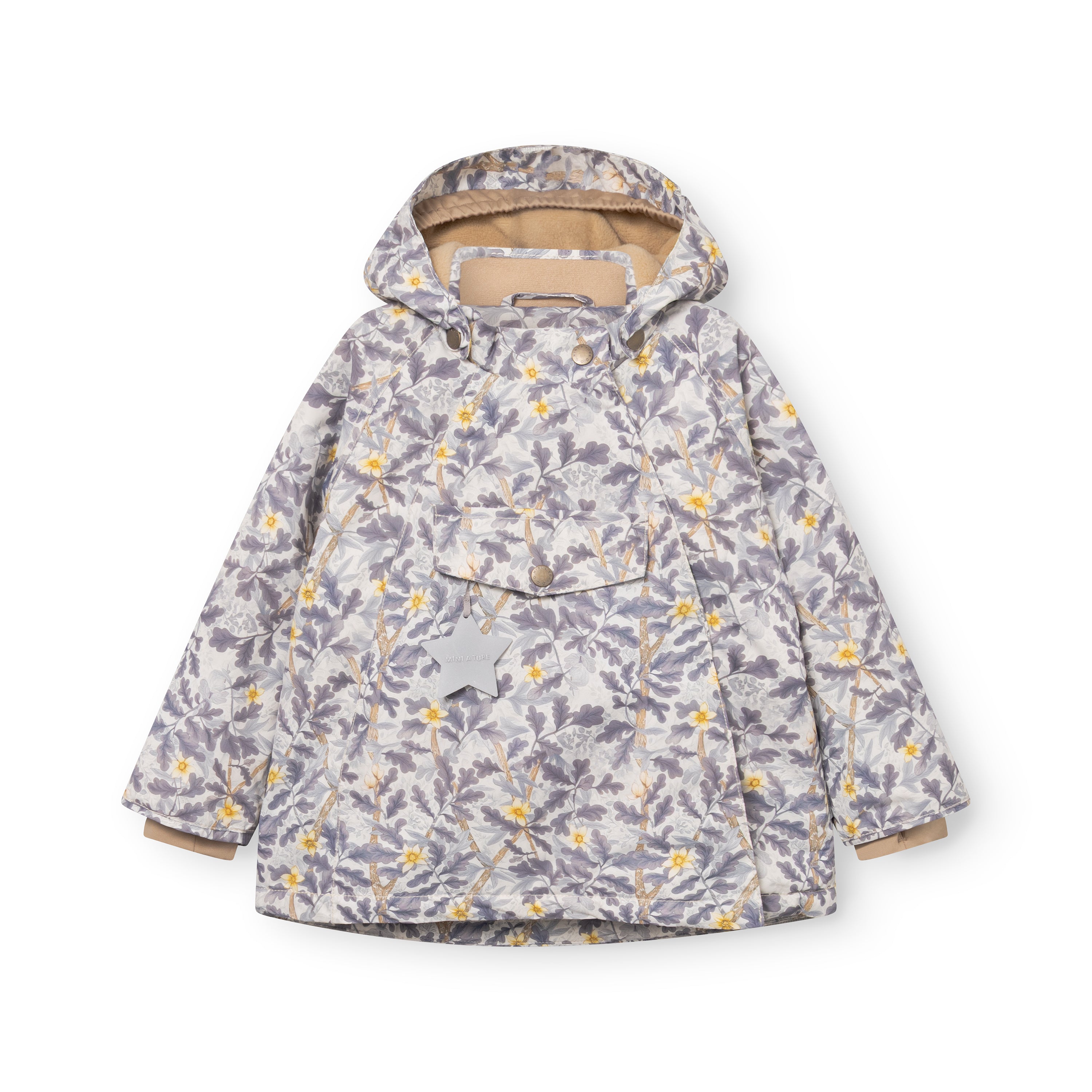MATWANG fleeceforet vinterjakke til børn i lys grå med håndtegnet blomsterprint i lilla og gule nuancer. Jakken er fotograferet forfra med hætten åben, så det bløde beige fleecefor synligt ved halsen.