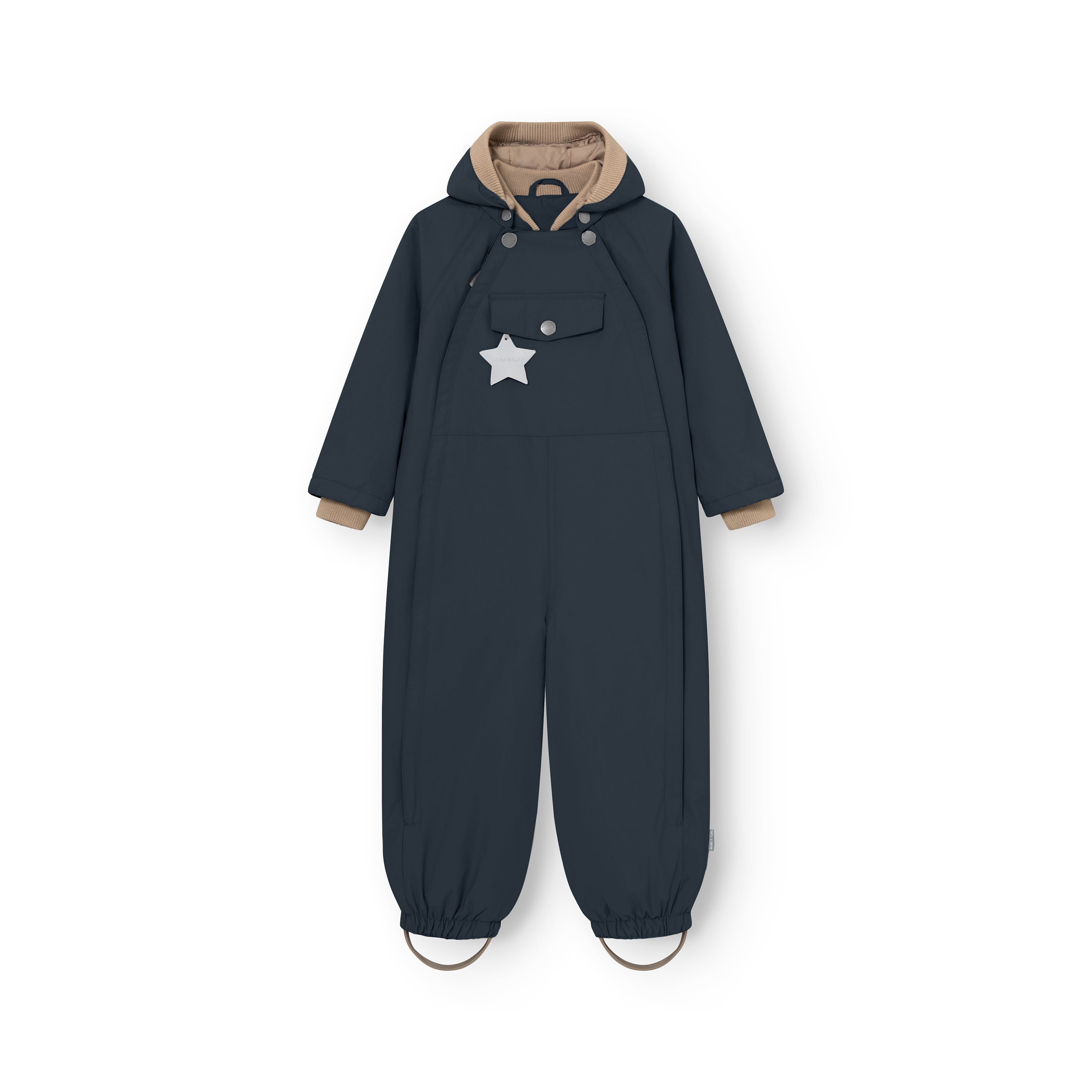 MATWISTO all season-heldragt i farven Ombre Blue, fotograferet forfra på hvid baggrund. Den mørkeblå heldragt har beige ribkanter ved hals og ærmer, en brystlomme med en hængende refleksstjerne samt fodstropper ved buksebenene.