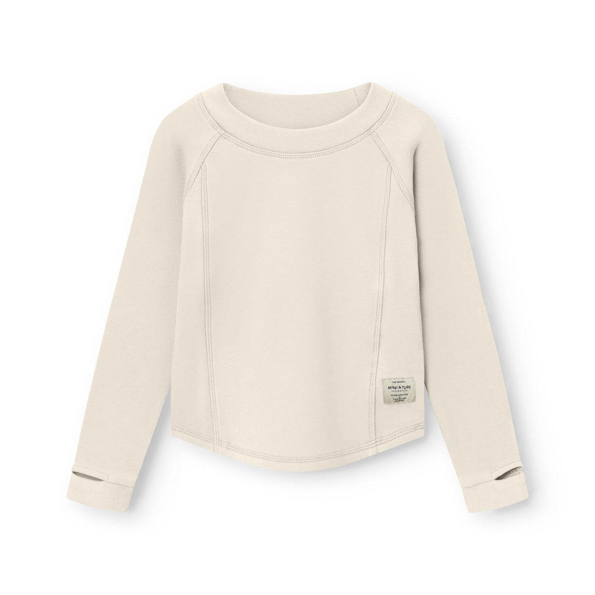 MATLENIE let fleece langærmet T-shirt til børn i cremehvid med rund halsudskæring, raglanærmer og synlige sømme ned langs forsiden, fotograferet forfra på hvid baggrund.