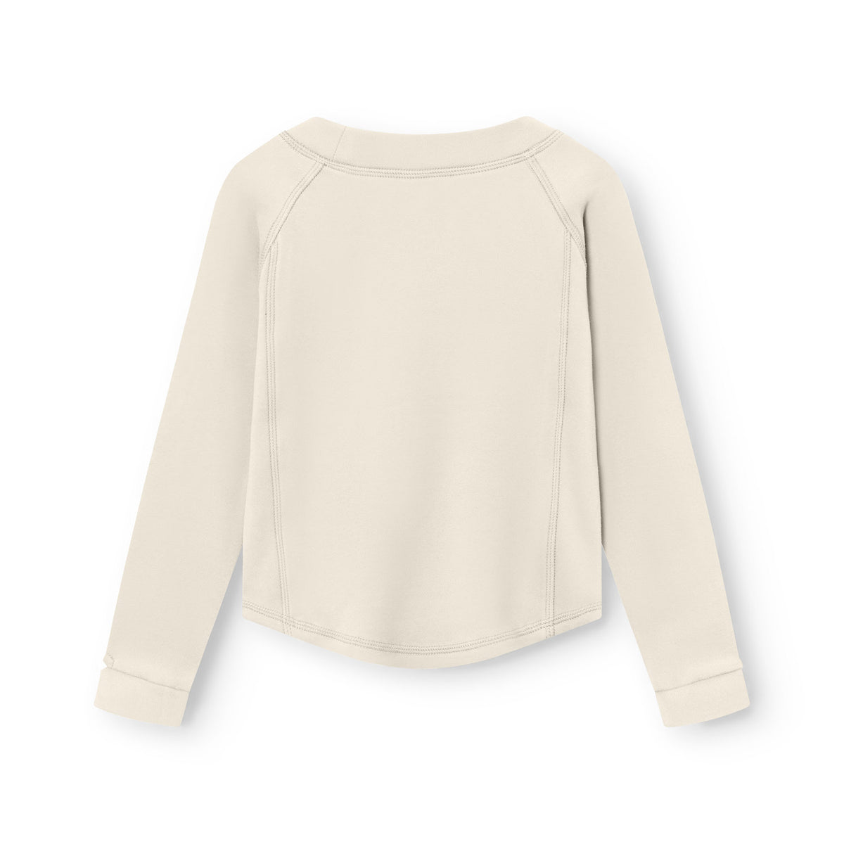 Bagsiden af MATLENIE let fleece-LS T-shirt til børn i off-white med raglanærmer, ribbet halsudskæring og synlige sømme langs ryggen, fotograferet på hvid baggrund.