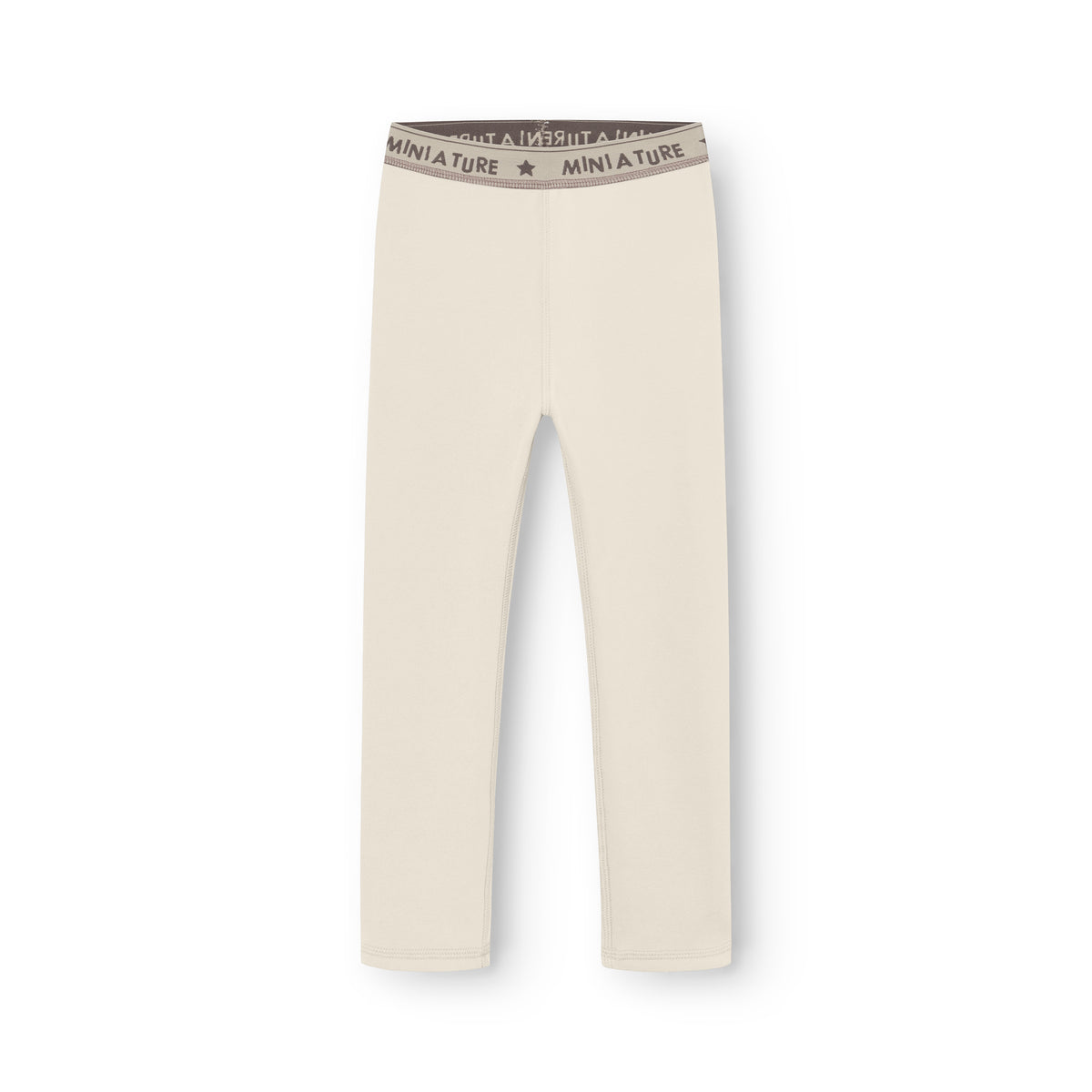 MATLEEMA let fleecetights til børn i en lys råhvid farve med elastisk MINI A TURE-logolinning i gråbrun, fotograferet liggende på hvid baggrund.