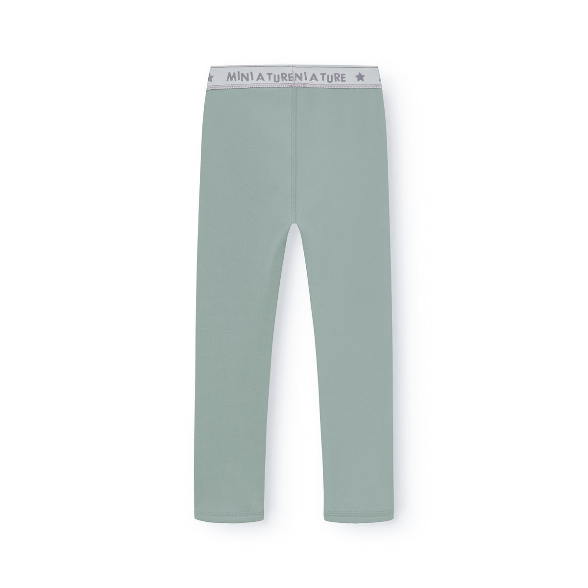 MATLEEMA let fleecetights til børn i dæmpet salviegrøn, fotograferet bagfra på hvid baggrund med lys grå elastisk linning med MINI A TURE-logo og stjerner.