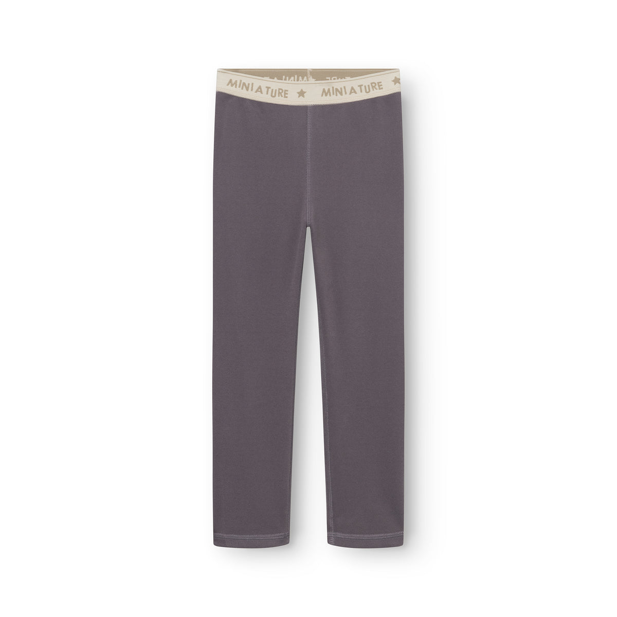 MATLEEMA let fleecetights til børn i mørk grålilla med lys beige elastik i linningen med MINI A TURE-logo og stjerner, fotograferet bagfra på hvid baggrund.