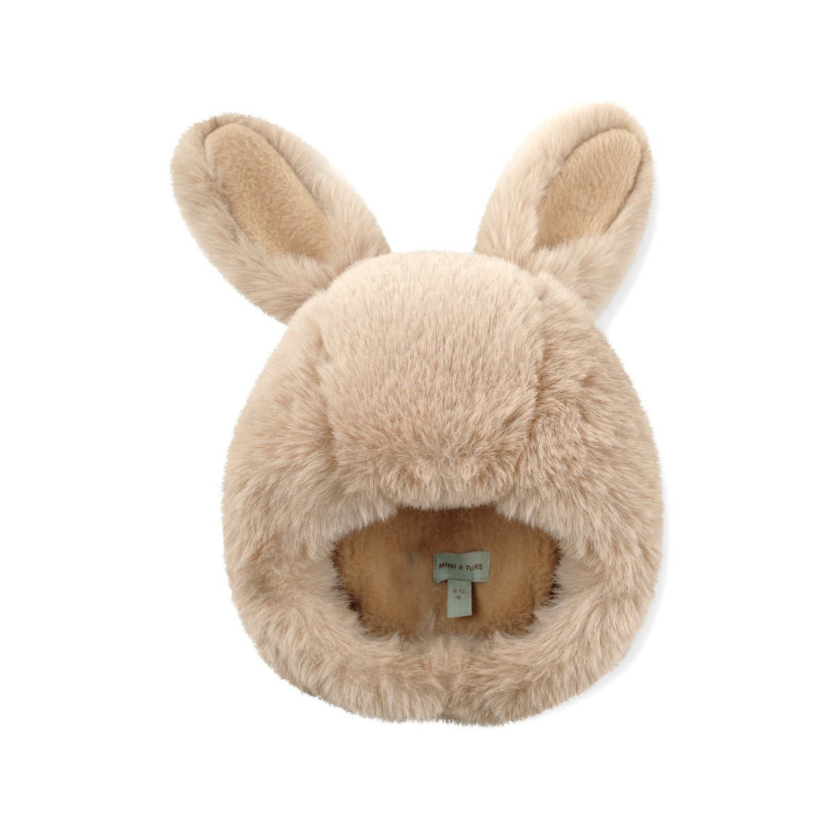 MATLIEN kaninhue med fleecefor i lys beige set indefra, hvor det bløde for og MINI A TURE-mærket er synligt. Huens runde form og de oprette kaninører er tydeligt fremhævet.