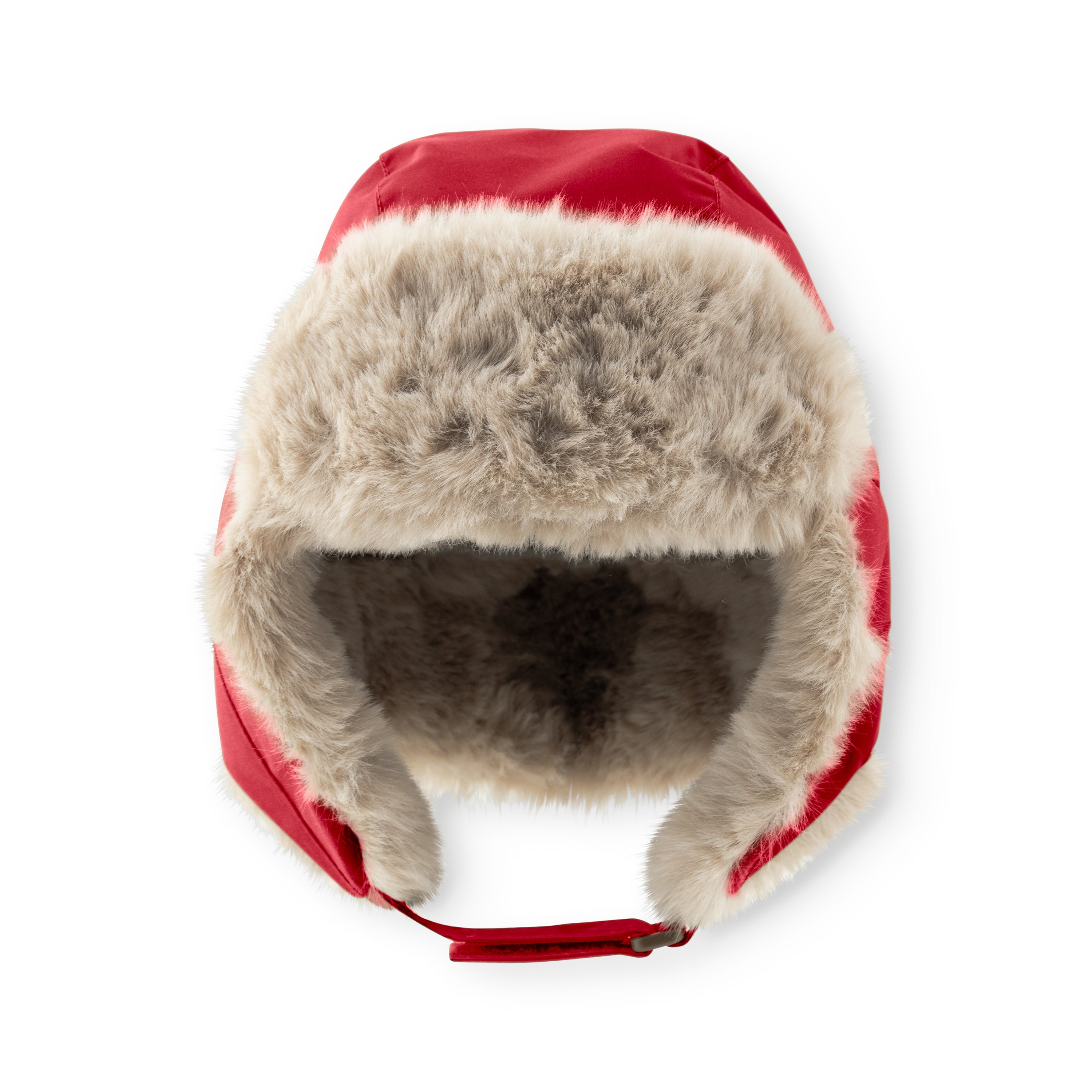MATCRISTER teddyforet vinterhue i rød set forfra oppefra, hvor det bløde, gråbeige teddyfleece er synligt indvendigt i øreklapperne og på indersiden af huen. Velcrolukningen hænger ned forneden.
