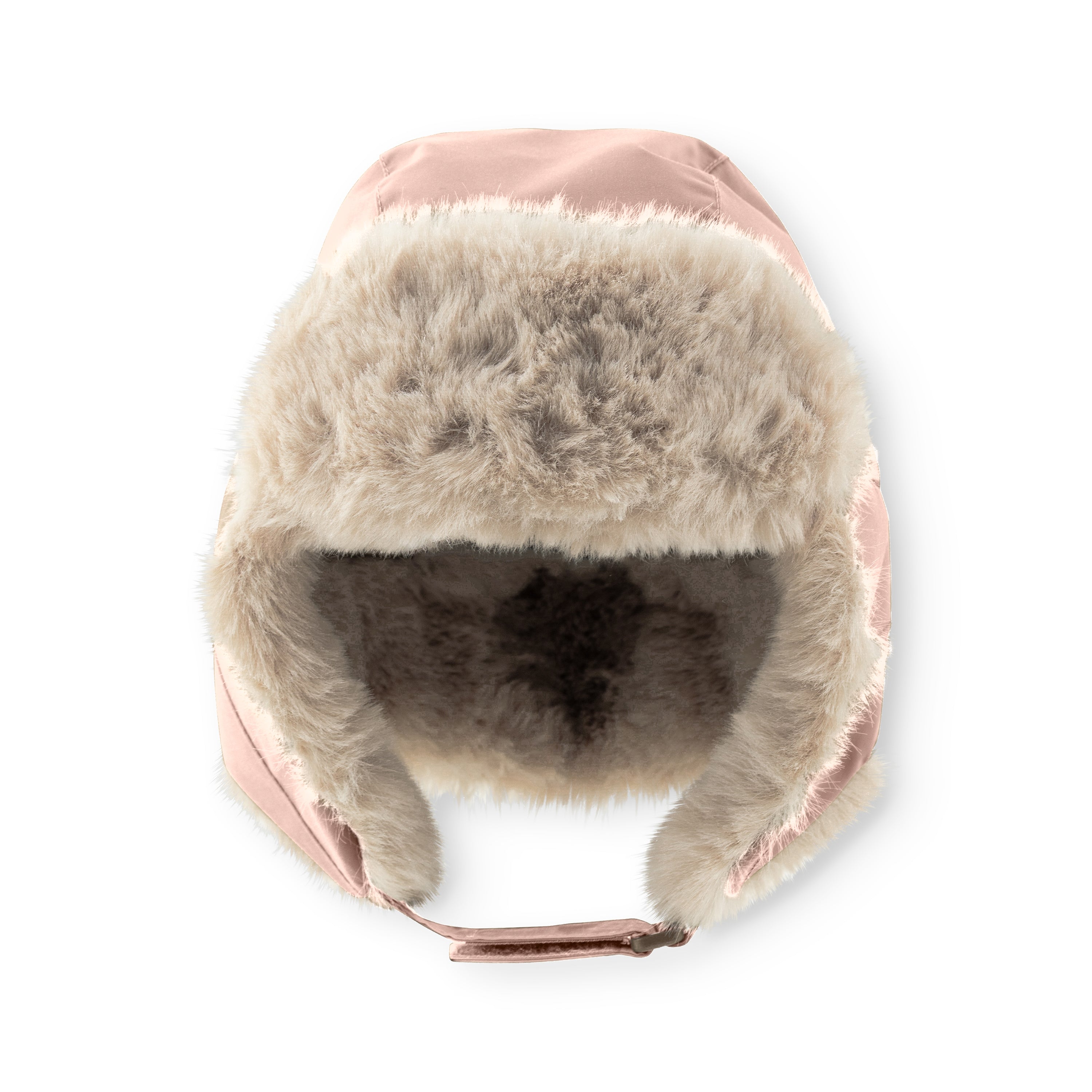 MATCRISTER teddyforet vinterhue i blød rosa, fotograferet direkte forfra mod hvid baggrund. Det tætte, gråbeige teddyfleece fylder hele indersiden og breder sig ud over de brede øreklapper, mens en rosa velcrostrop er synlig forneden.