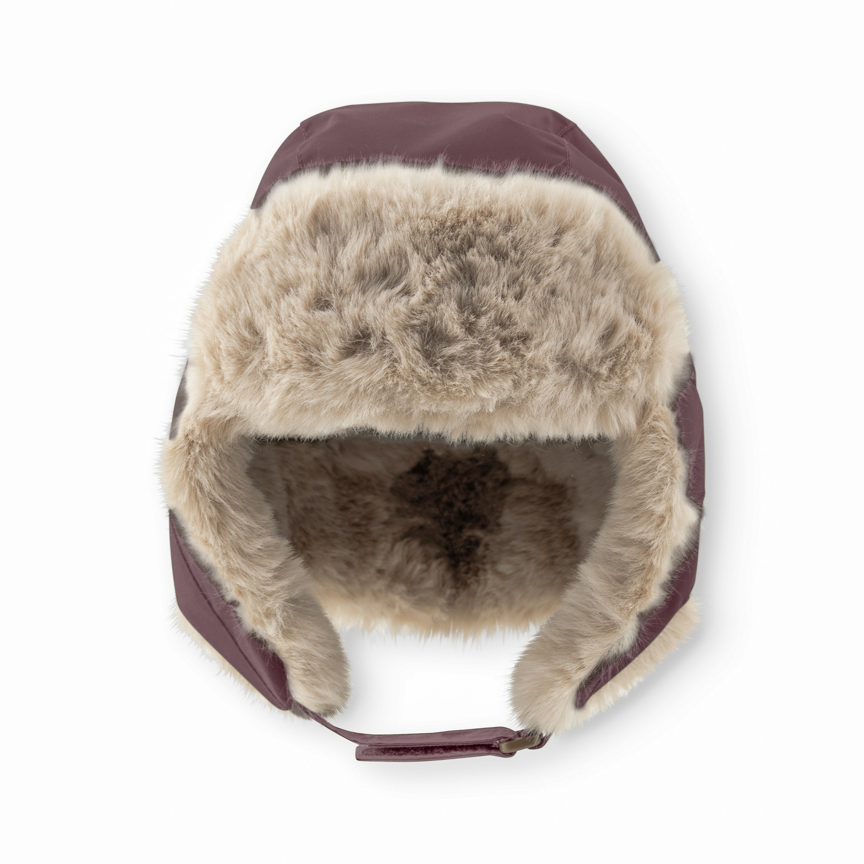 MATCRISTER teddyforet vinterhue i støvet lilla set forfra, hvor det bløde, beige teddyfleece-for er tydeligt synligt indvendigt i øreklapperne og ved velcrolukningen under hagen.