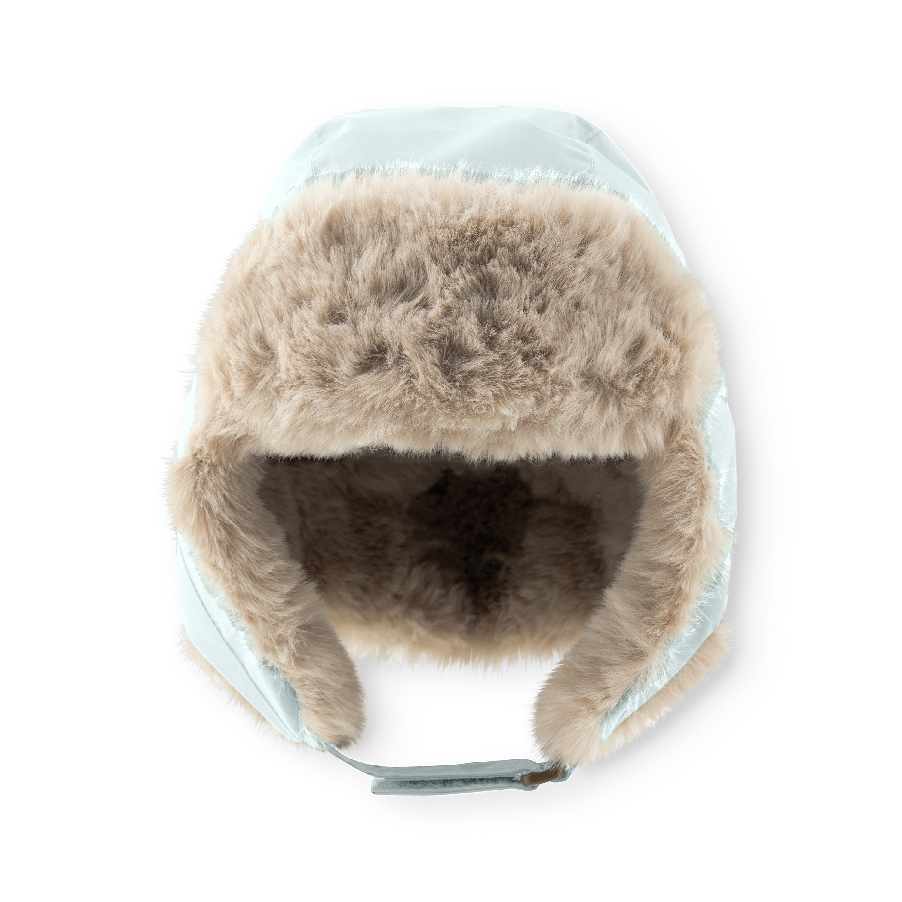 MATCRISTER teddyforet vinterhue i isblå set direkte ovenfra, hvor det tætte, sandfarvede teddyfleece fylder hele indersiden og breder sig ud over øreklapperne. Velcrolukningen er synlig i bunden mod en hvid baggrund.