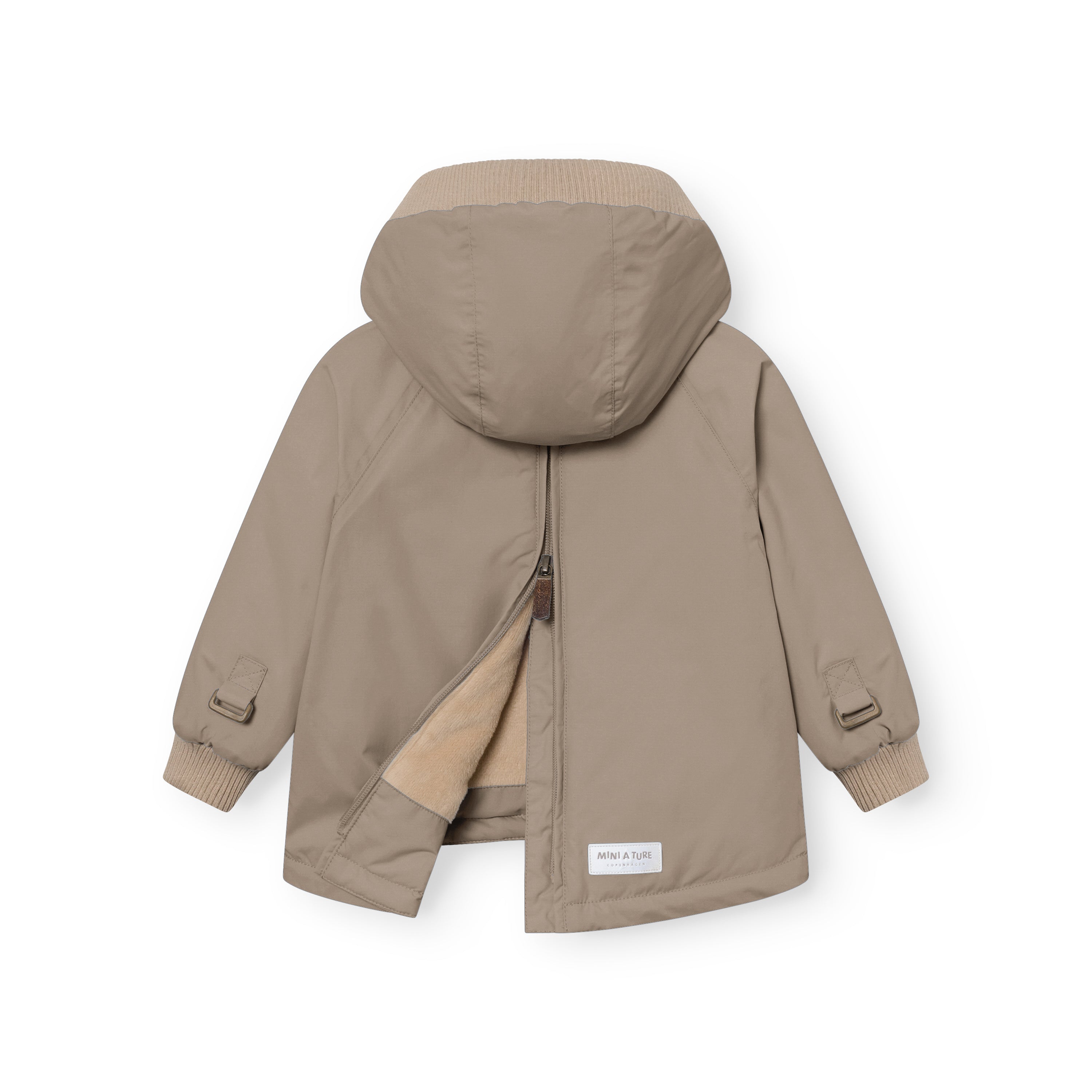 MATBABYWEN fleeceforet vinteranorak i varm gråbrun, set bagfra med delvist åben ryglynlås, der afslører den lyse fleece indeni. Den har beige ribmanchetter ved håndleddene og MINI A TURE-mærket nederst på ryggen.