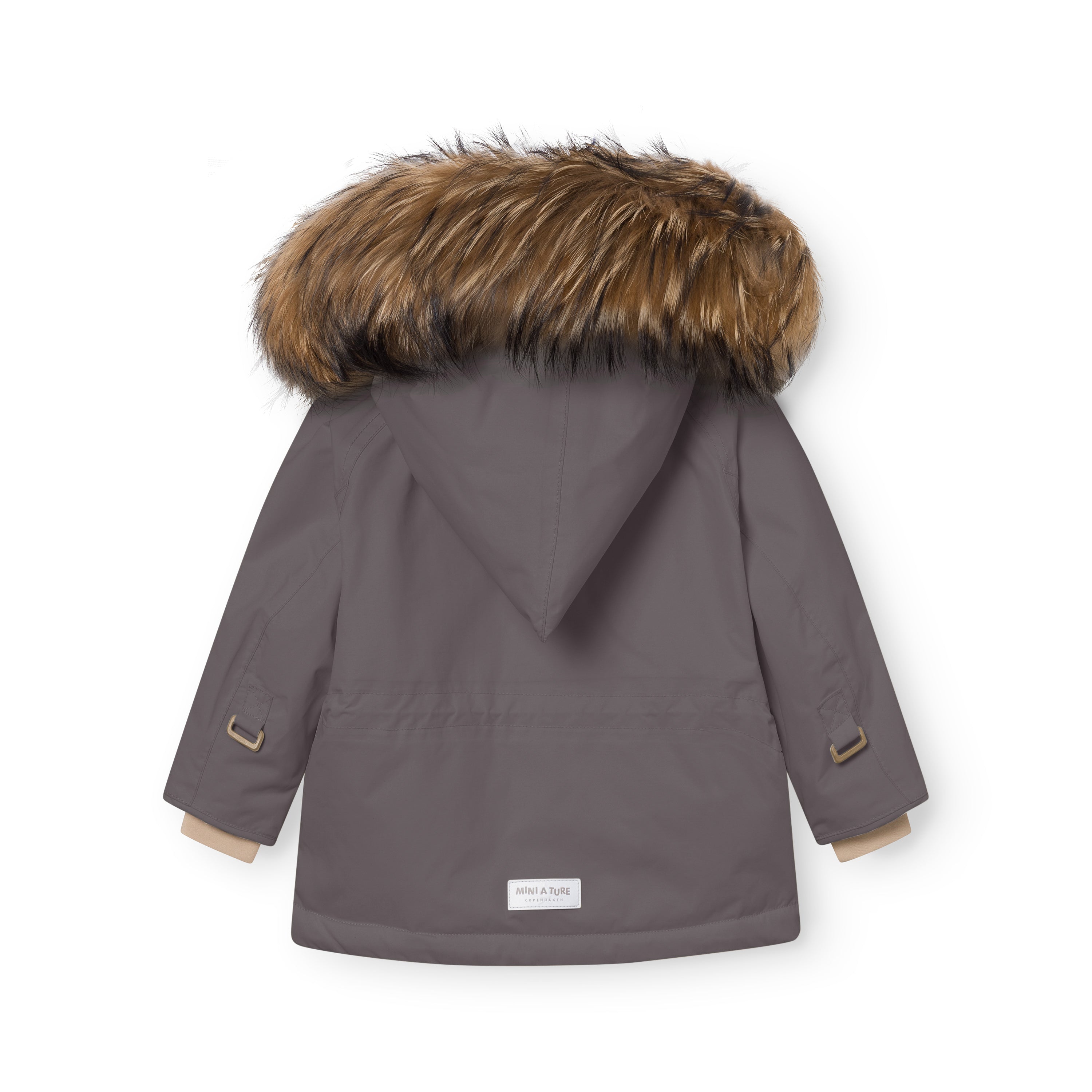 MATWANG fleeceforet vinterjakke med pels set bagfra i grålilla, med stor ægte pelskant på hætten, beige snekanter ved ærmerne og MINI A TURE-mærke nederst på ryggen.