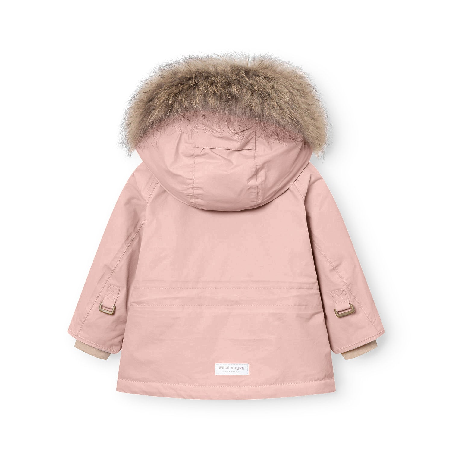MATWALLY fleeceforet vinterjakke med pels set bagfra i støvet rosa, med den voluminøse, naturfarvede ægte pelskant på hætten og beige manchetter ved håndleddene. MINI A TURE-mærket er centreret nederst på ryggen, og de bronzefarvede justeringsspænder er synlige på begge ærmer.