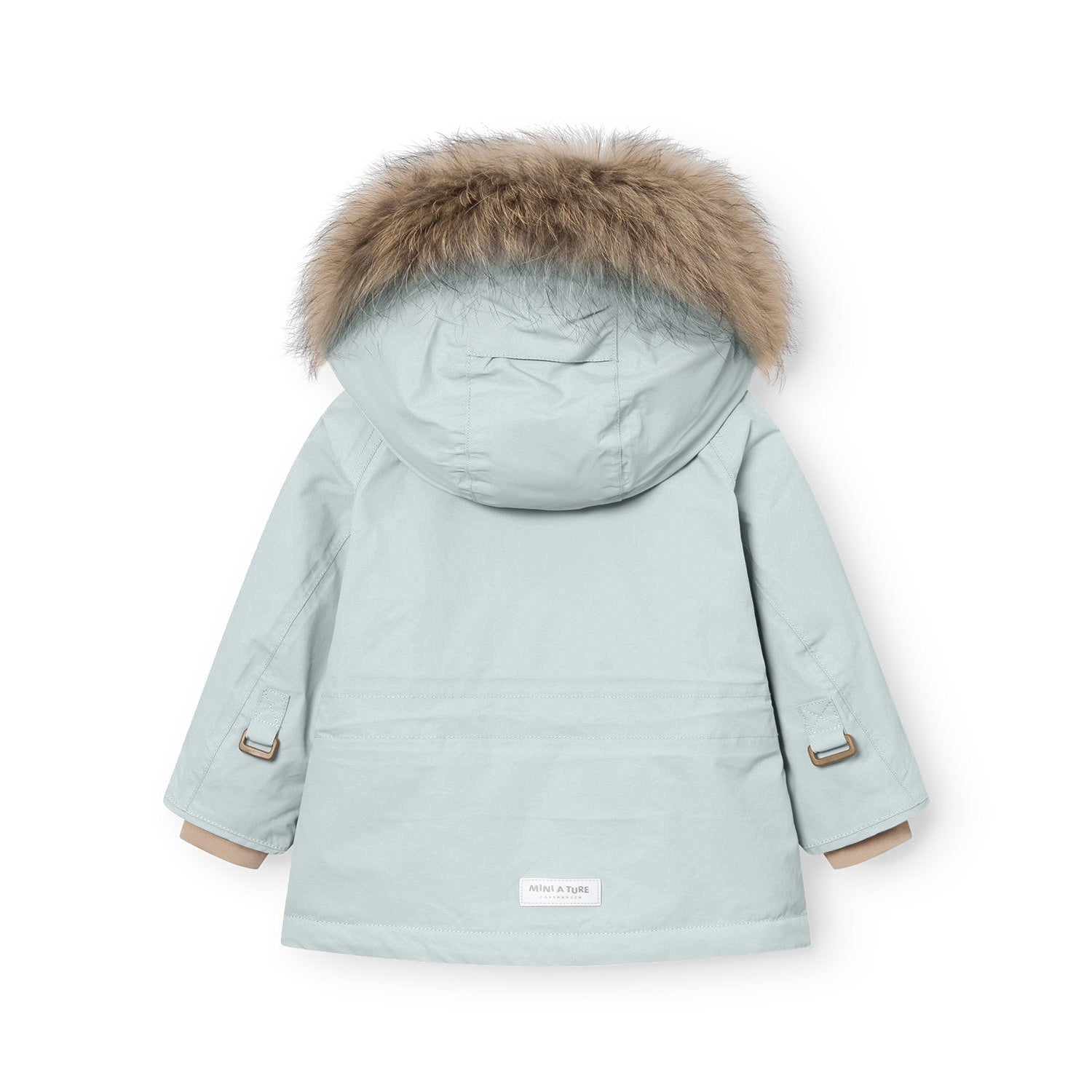 MATWALLY fleeceforet vinterjakke med pels set bagfra i en lys, kølig mintgrøn farve. Jakken har lukket ryg og en bred, sandfarvet ægte pelskant på hætten. Beige manchetter stikker frem ved håndleddene, bronzefarvede justeringsspænder sidder på begge ærmer, og MINI A TURE-mærket er placeret centreret forneden på ryggen.