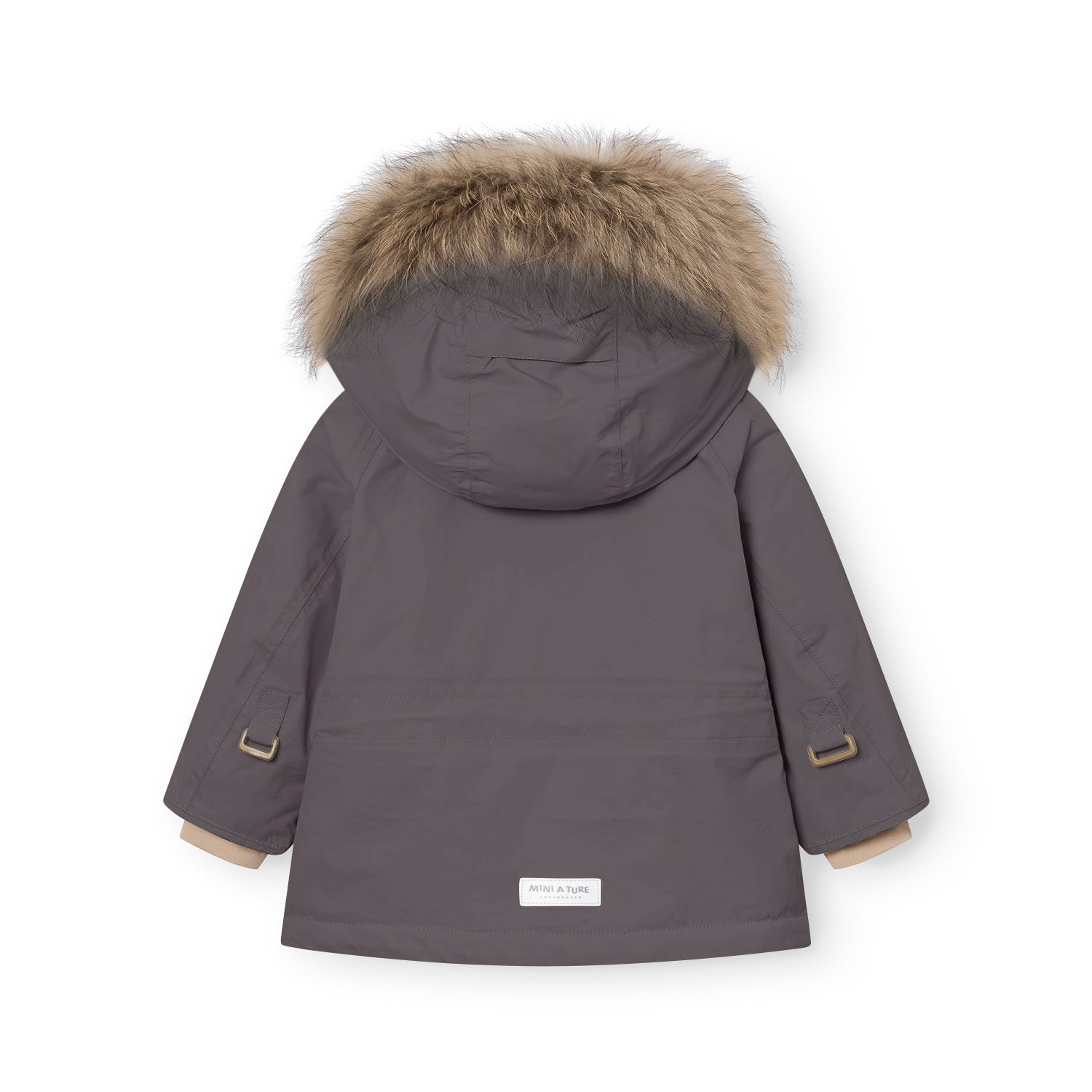 MATWALLY fleeceforet vinterjakke med pels set bagfra i en dæmpet gråviolet farve med en tæt, gråbrun ægte pelskant øverst på hætten. Sandbeige manchetter stikker frem ved håndleddene, bronzefarvede justeringsspænder sidder på begge ærmer, og MINI A TURE-mærket er placeret centreret forneden på ryggen.