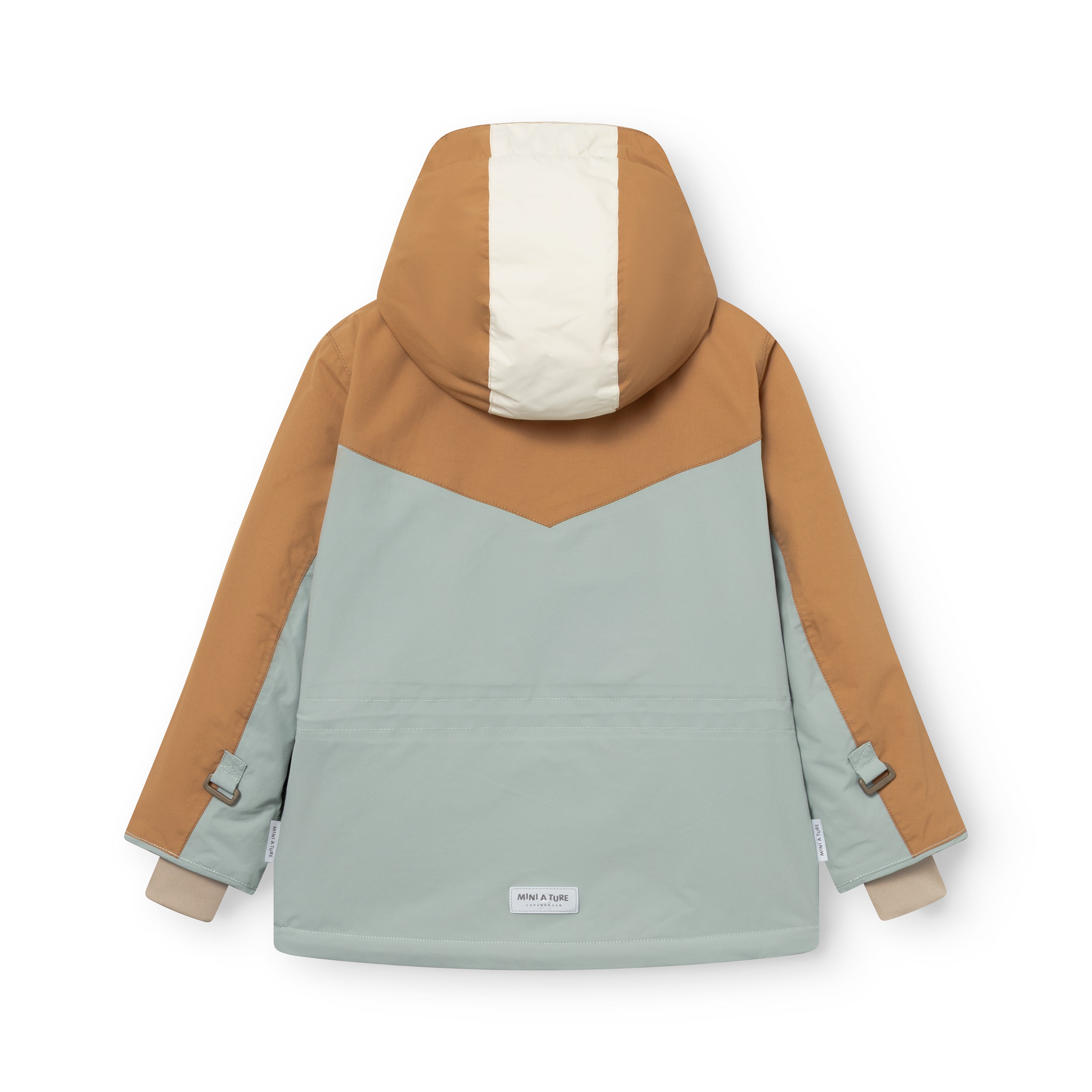 MATWALDO fleeceforet vinterjakke fotograferet bagfra på hvid baggrund med tydeligt colorblock-design i støvet mintgrøn og gyldenbrun. Jakken har en hvid stribe ned ad hætten og MINI A TURE-mærket nederst på ryggen.