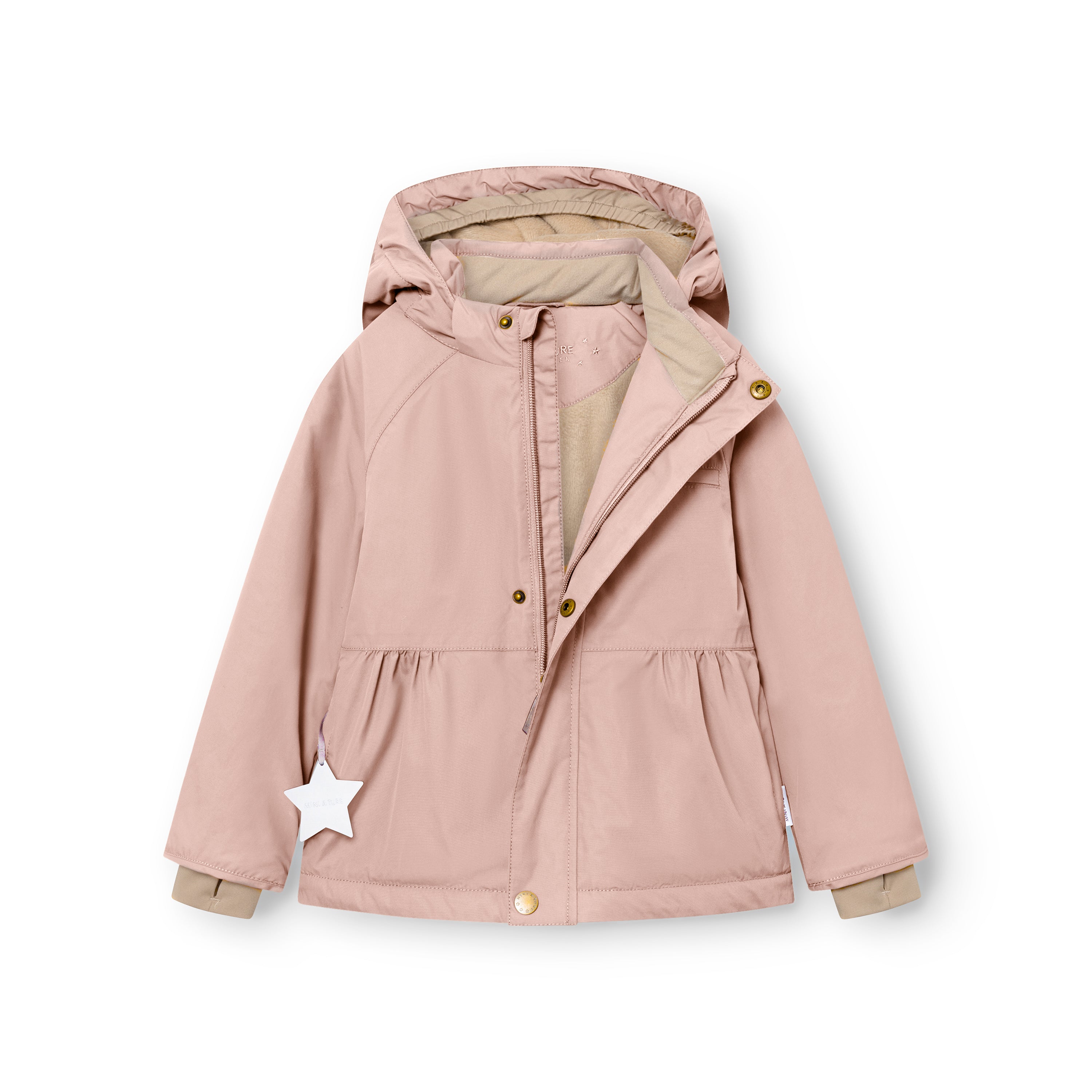 Gammelrosa MATBRIDDINE fleeceforet vinterjakke fra MINI A TURE, fotograferet forfra på hvid baggrund med lynlåsen åben, så det bløde, beige indvendige for er synligt. De guldtonede trykknapper langs fronten, de beige snemanchetter ved ærmerne, rynkerne ved jakkens talje og den hvide stjernerefleks på venstre lomme er alle tydeligt fremhævet.