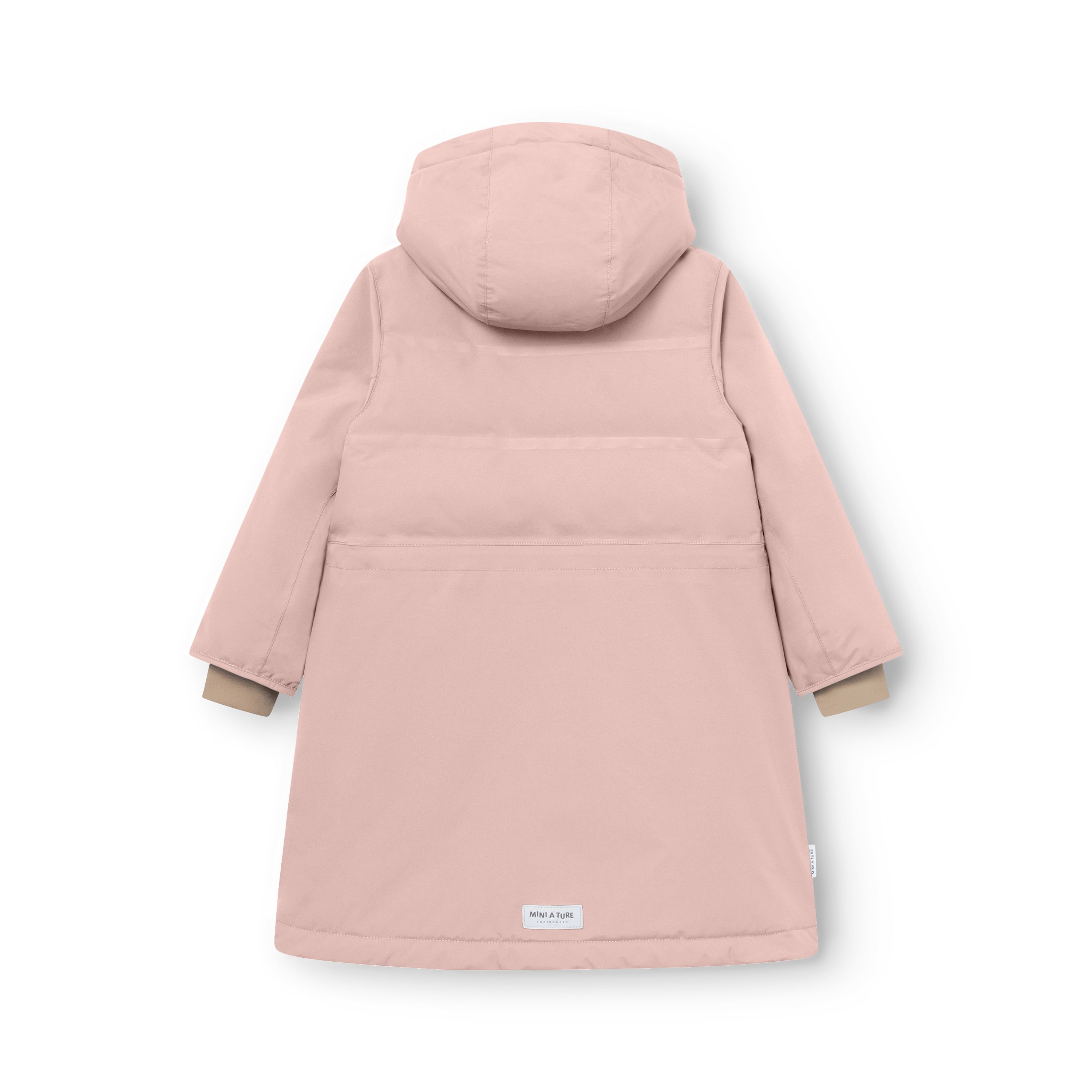 MATVENCASIA fleeceforet vinterjakke i støvet rosa, fotograferet bagfra mod hvid baggrund. Jakken har et tydeligt MINI A TURE-mærke nederst på ryggen samt hætte og beige snemanchetter ved ærmerne.