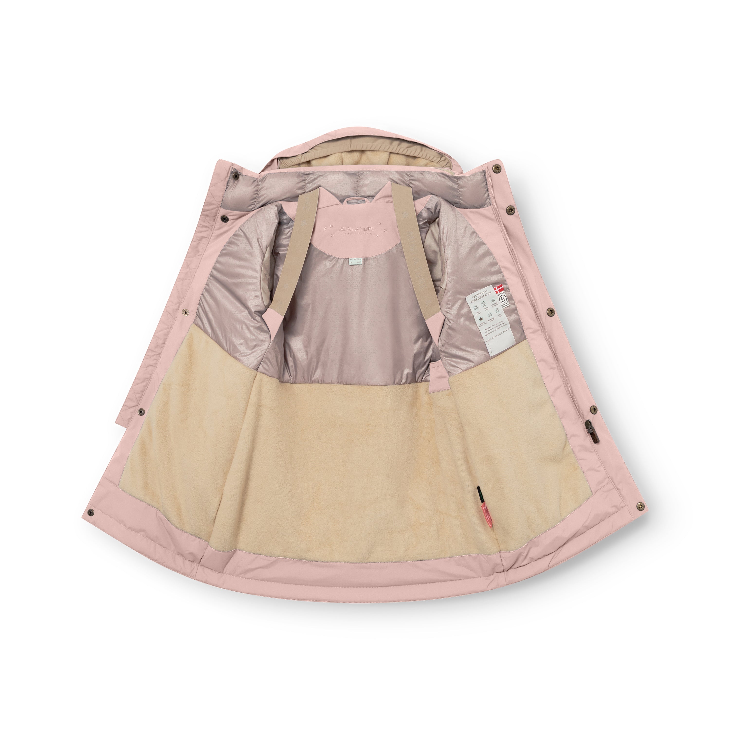 MATVENCASIA fleeceforet vinterjakke i støvet rosa, fotograferet indefra og åben mod hvid baggrund. Her er den beige fleeceforing i nederste del, den lyserøde isolering i den øverste del og de beige indvendige seler tydeligt synlige.