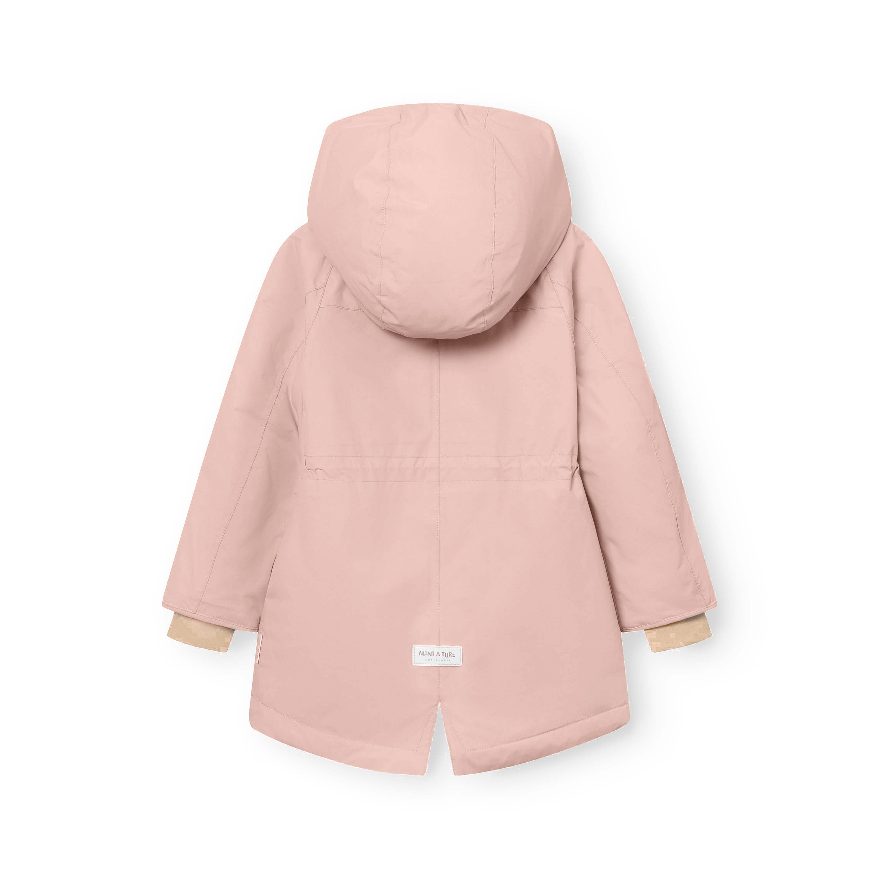 MATVIKANIA fleeceforet vinterjakke i støvet rosa, fotograferet bagfra på hvid baggrund. Den rummelige hætte, det lille slid forneden på den lange model, de beige snekanter ved ærmerne og MINI A TURE-mærket nederst på ryggen er tydeligt synlige.