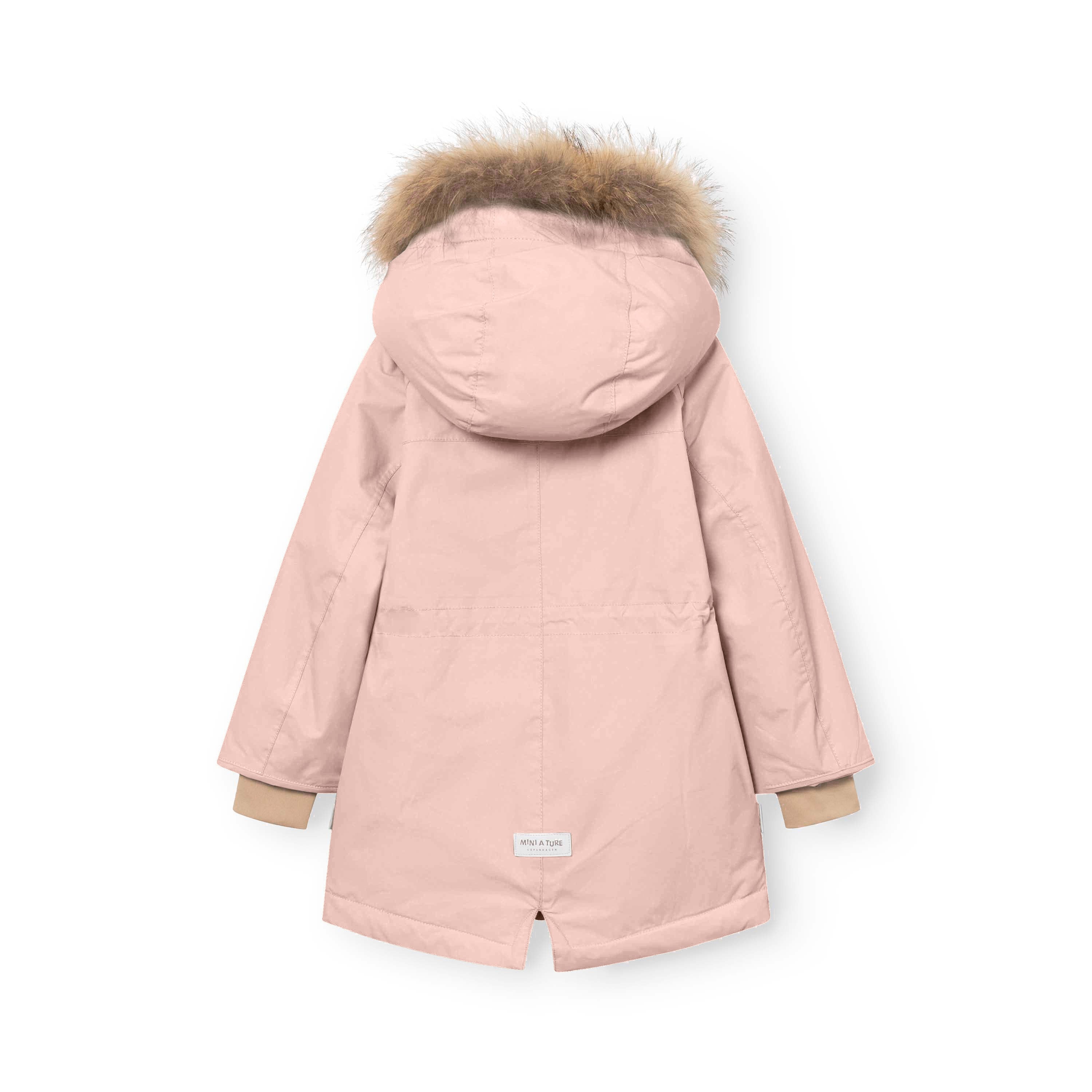 MATVIKANIA fleeceforet vinterjakke med pels set bagfra i støvet rosa. Jakken har pelskant på hætten i en naturlig beige tone og ribbede sne-manchetter ved ærmerne. MINI A TURE-mærket er synligt nederst på ryggen.
