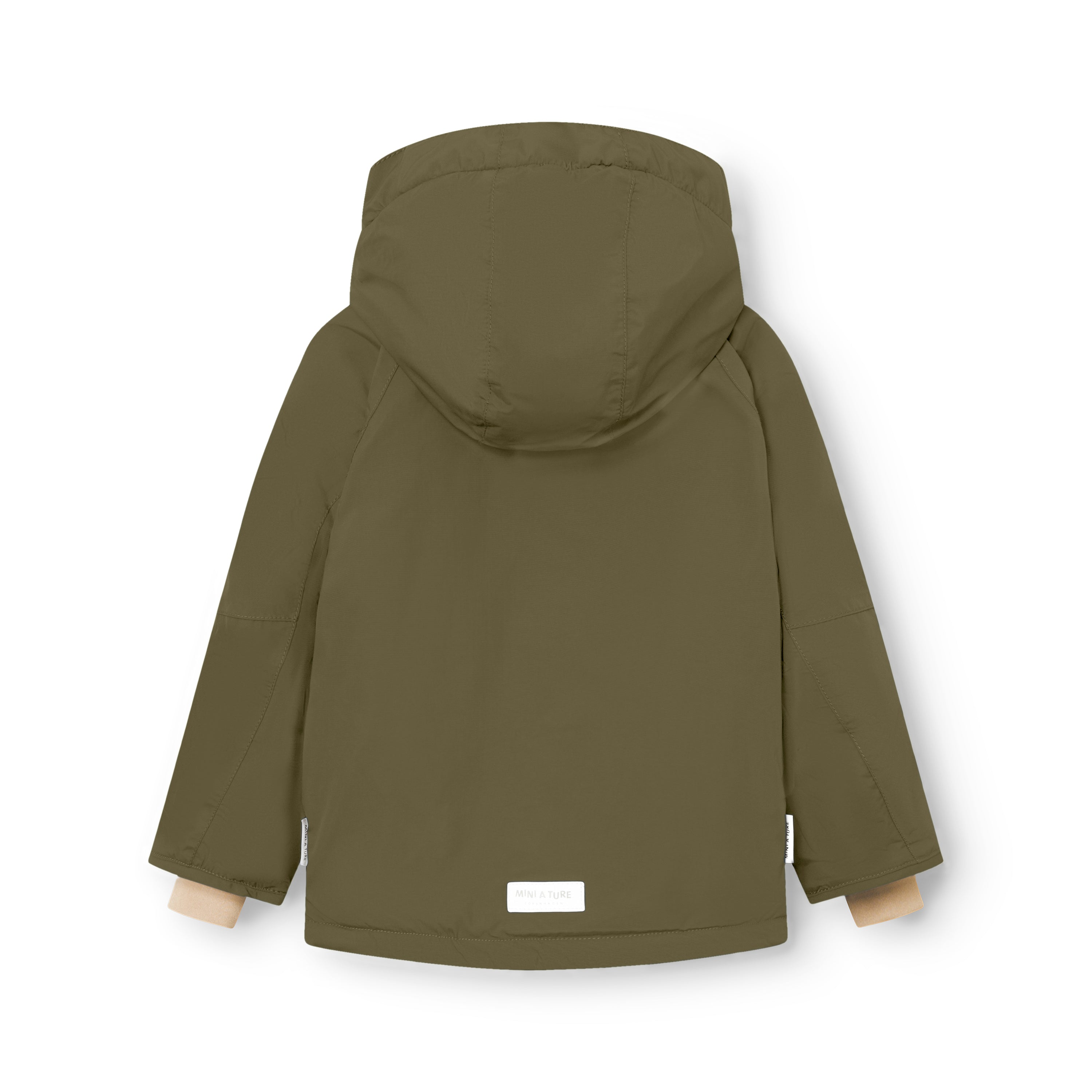 MATVALONSO fleeceforet vinterjakke i militærgrøn set bagfra med hætten oppe, hvor MINI A TURE-mærket nederst på ryggen er tydeligt synligt, og de beige snekanter stikker frem ved ærmerne.