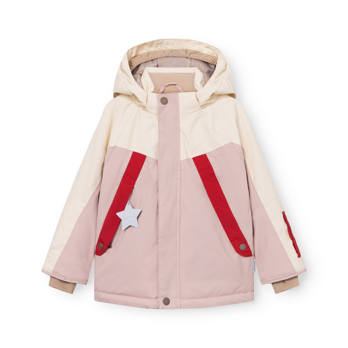 MATVALONSO skijakken fotograferet fladt med hætten oppe i en colorblock-kombination af creme, rosa og røde detaljer. Den har synlige stjernereflekser på forlommen og snøringsmanchetter ved ærmerne.