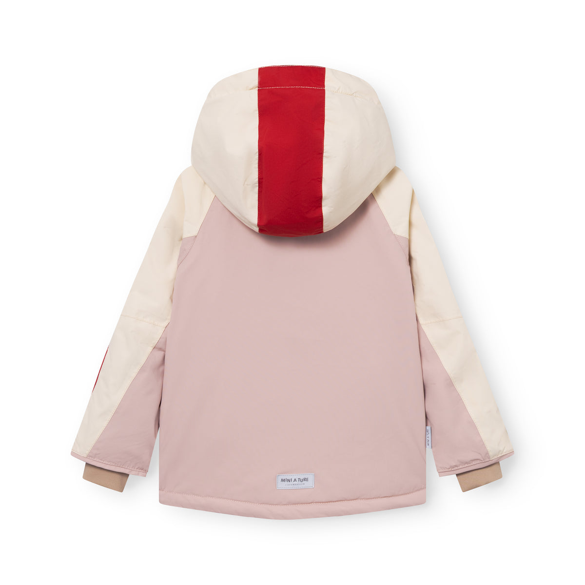 MATVALONSO skijakkesæt set bagfra med aftagelig hætte, der er trukket op. Jakken har en colorblock-kombination i støvet rosa, creme og rødt, og nederst på ryggen ses MINI A TURE-mærket. Ærmerne er afsluttet med ribbede manchetter.