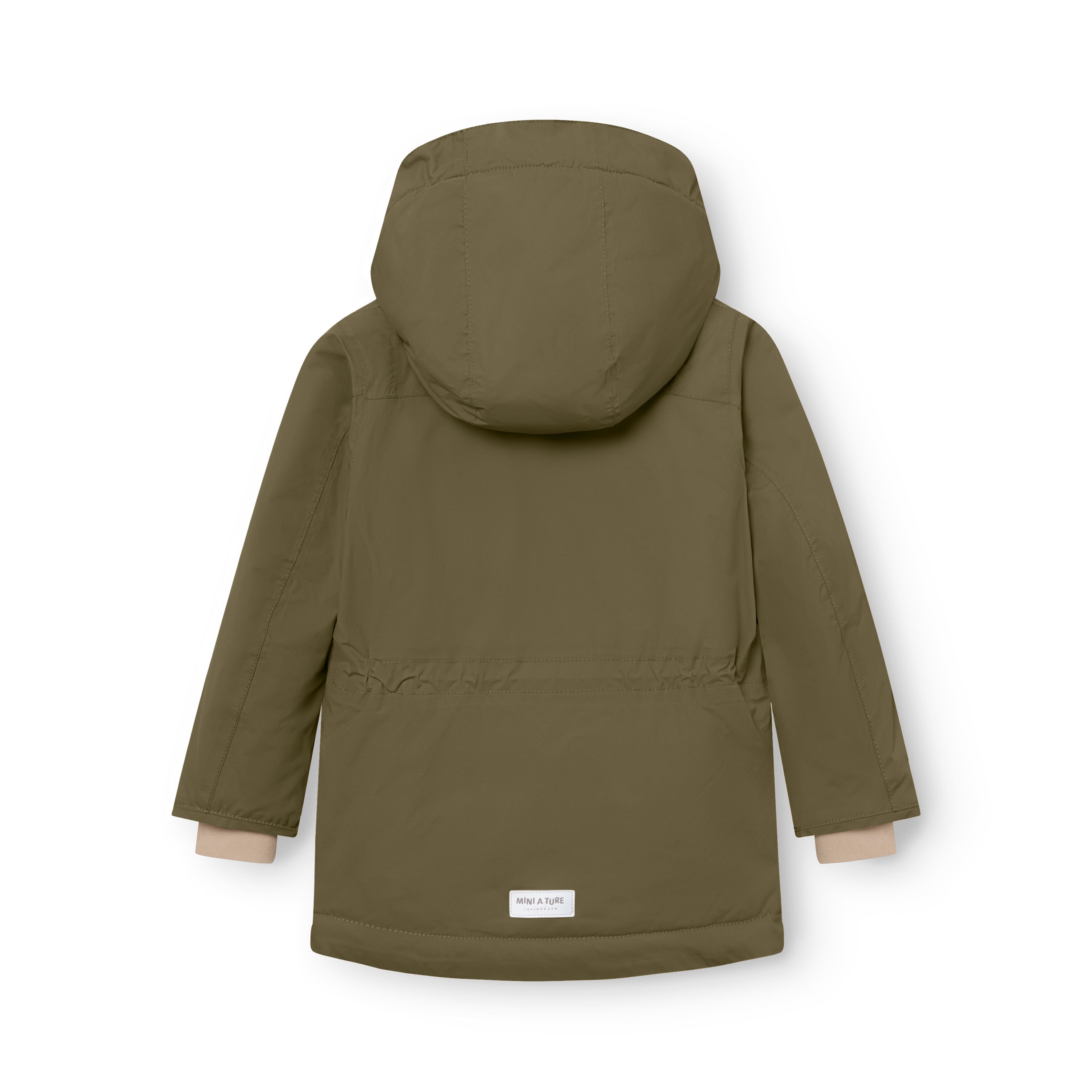 MATKASTORIO fleeceforet vinterjakke i olivengrøn set bagfra på produktbilledet, hvor den store, aftagelige hætte er trukket op, og de beige snemanchetter ved håndleddene er synlige. MINI A TURE-mærket ses nederst på ryggen.