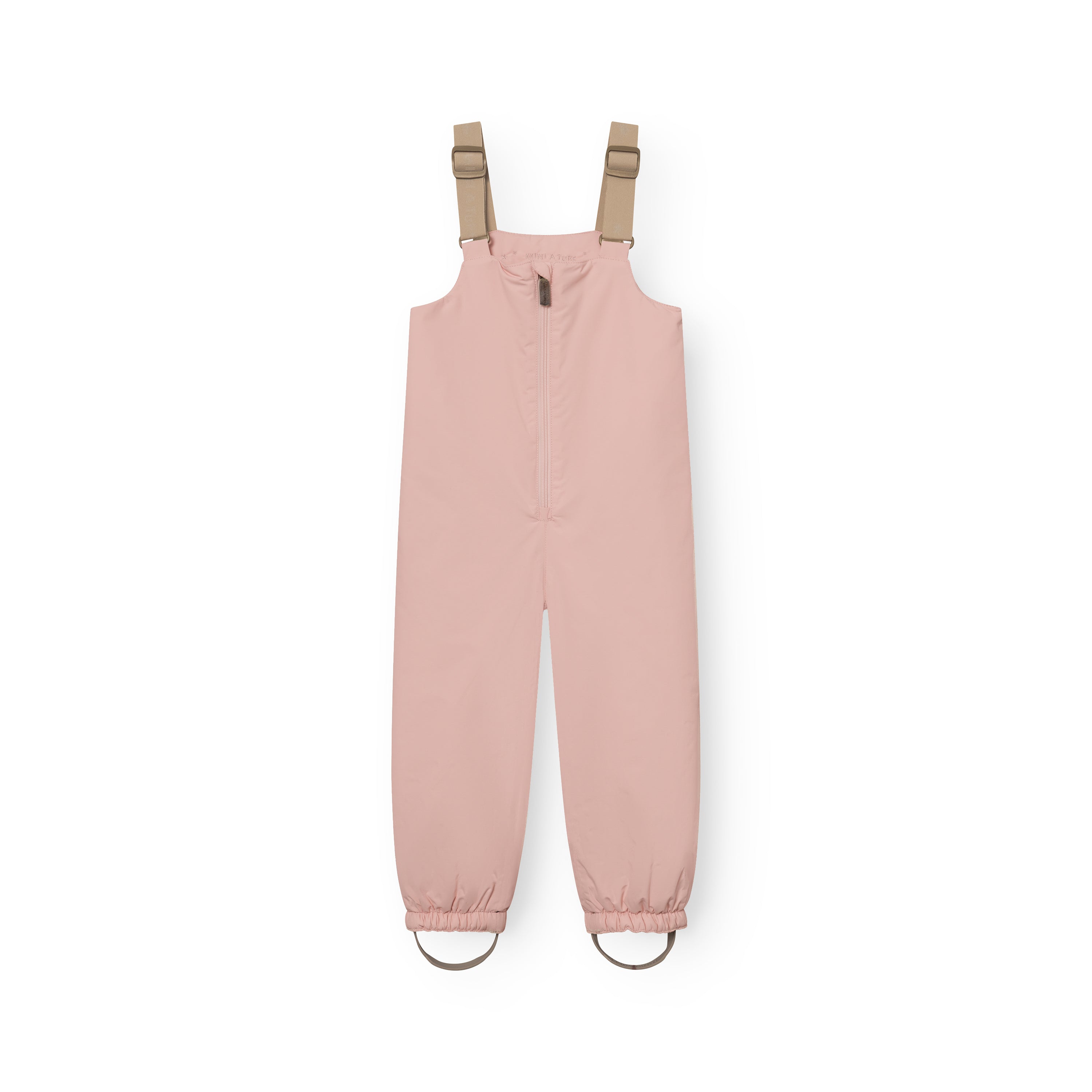MATWALENTEX-overtræksbukser til børn i dæmpet rosa, set forfra. Bukserne har beige, justerbare seler, frontlynlås og rynkede bukseben med fodstropper nederst.
