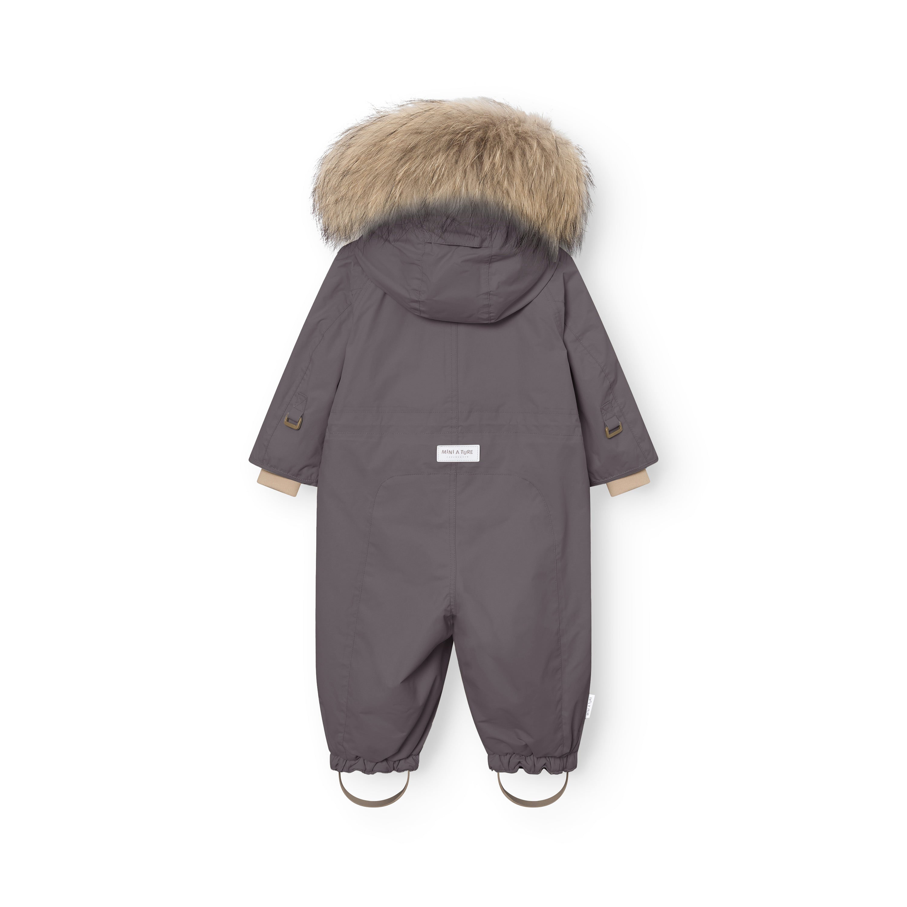 MATWISTI fleeceforet flyverdragt med pels set bagfra i grålilla, hvor den store, naturlige pelskant på hætten tydeligt ses øverst. MINI A TURE-mærkatet er centreret på ryggen, beige manchetter ses ved håndleddene, og de beige fodstropper hænger ned ved anklerne på begge bukseben.