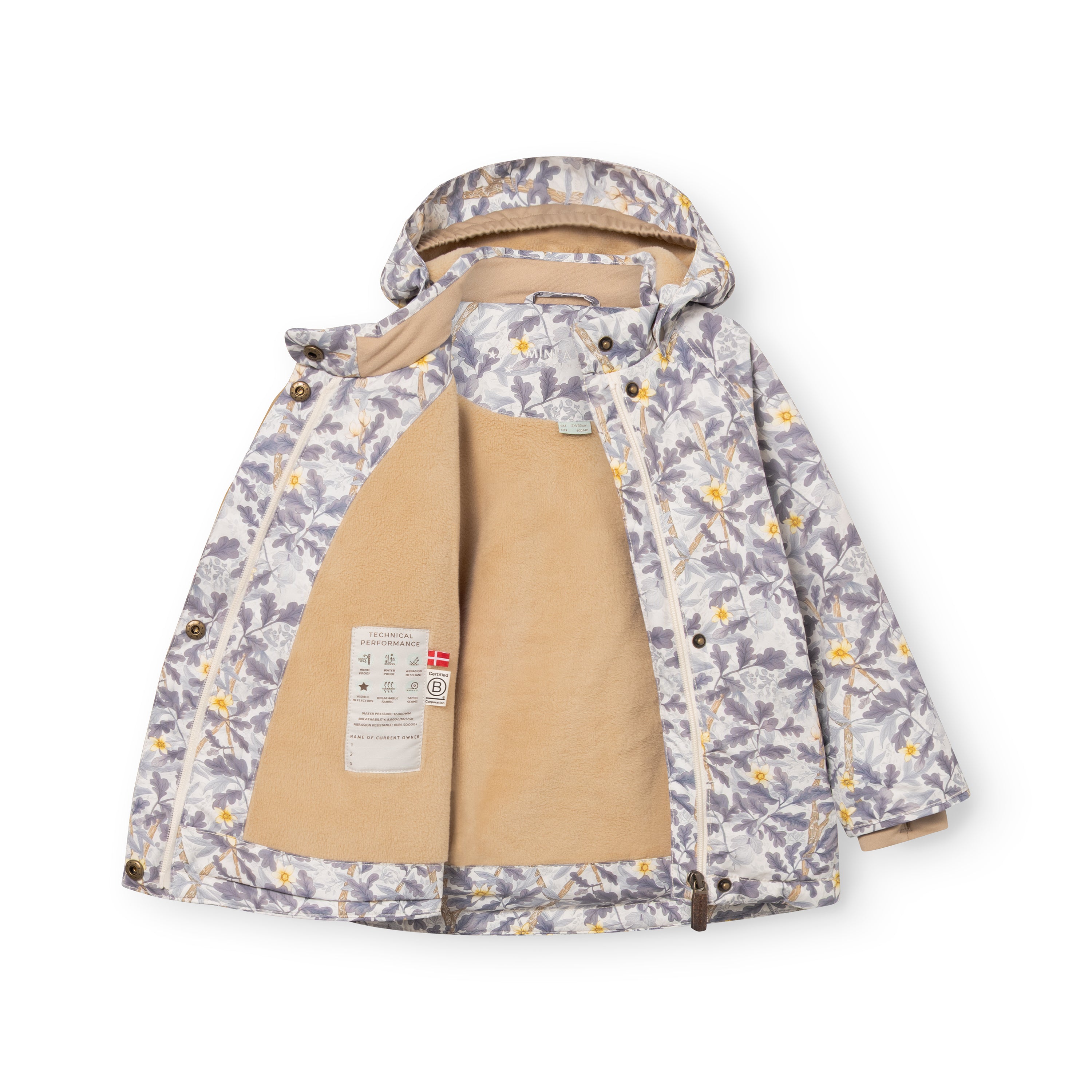 MATWANG fleeceforet vinterjakke fotograferet oppefra med lynlåsen åben, så det varme, beige fleecefor og den indvendige technical performance-label er tydeligt synlige. Yderstoffet har et håndtegnet print med lilla blade og gule blomster på en lys baggrund.